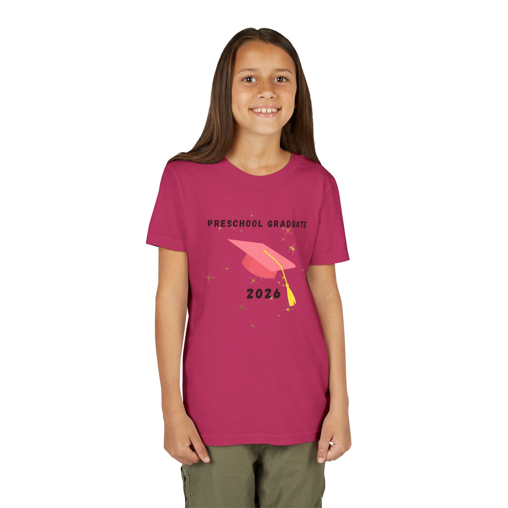 Preschool Graduate 2026 Youth Tee — Pink Graduation Cap Kids Shirt
