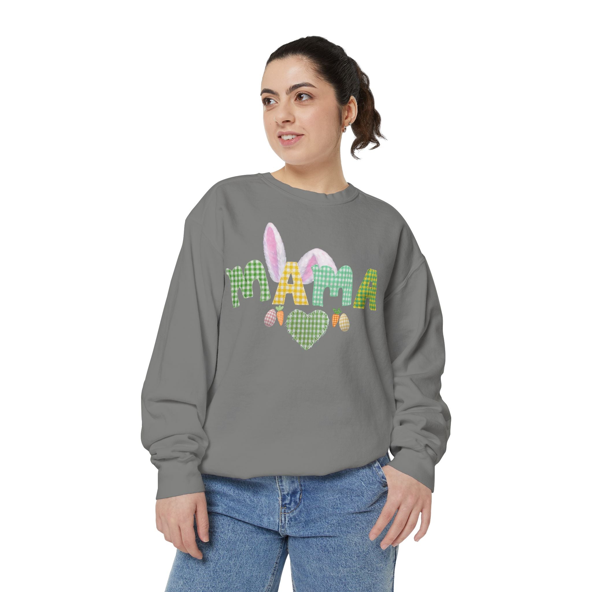 Mama Easter Bunny Sweatshirt — Cute Plaid ‘MAMA’ with Bunny Ears & Eggs