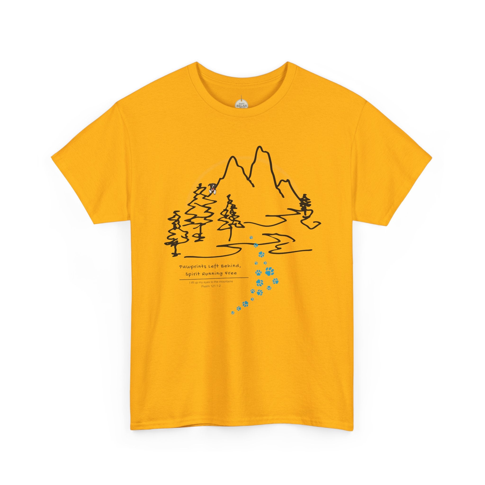 Rainbow Bridge T‑Shirt — Minimal Line Art Nature Tee with 'Follow the Dog Prints' Design Psalms 121
