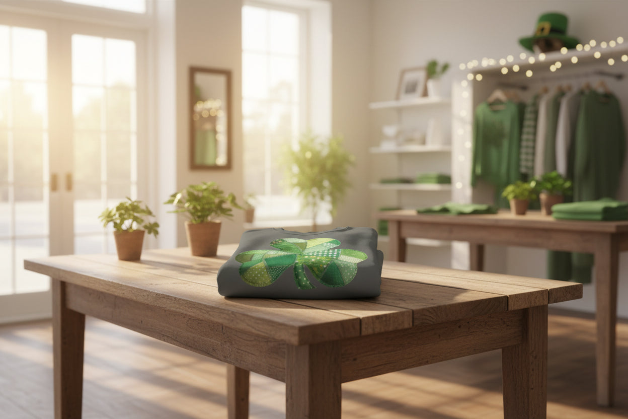 Shamrock Patchwork Sweatshirt — St. Patrick’s Day Green Clover Crewneck