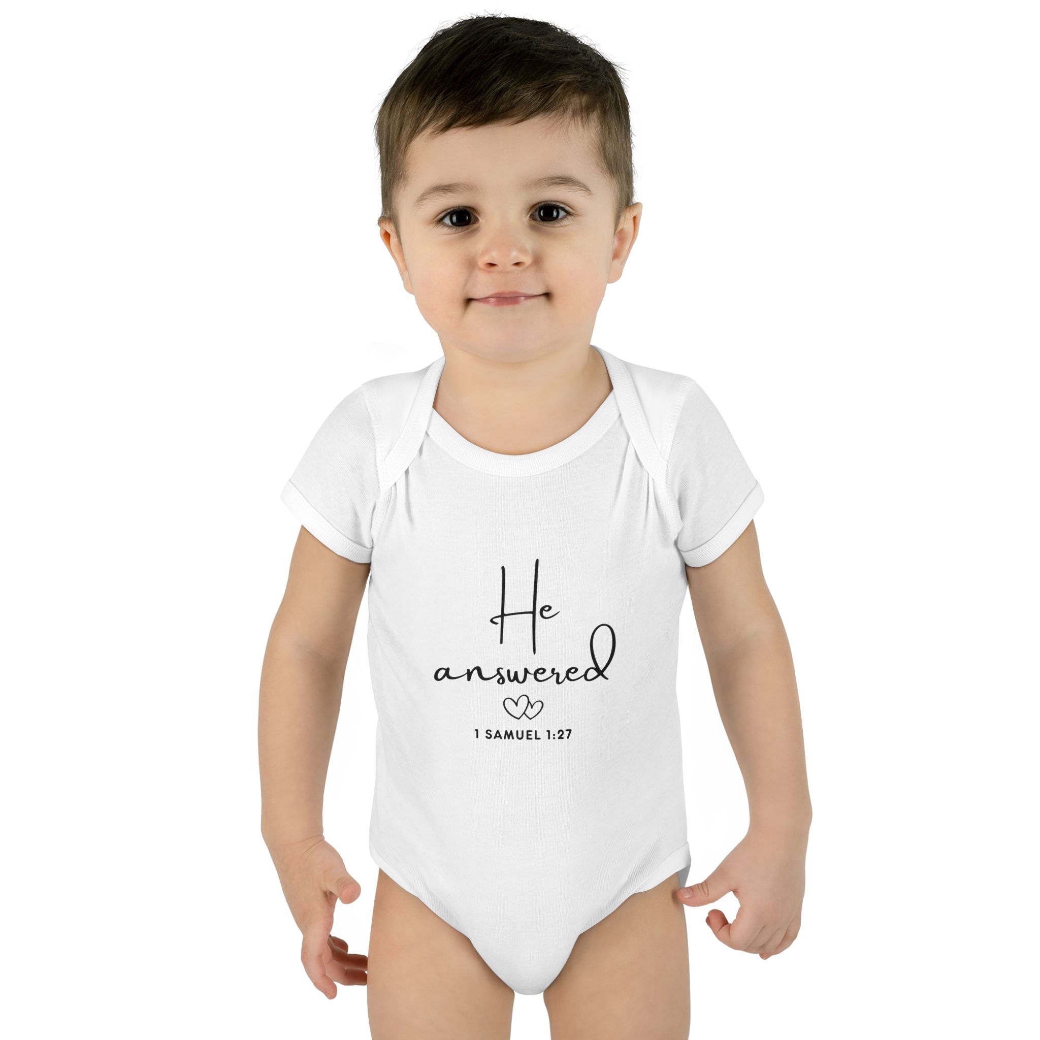 He Answered Infant Bodysuit | 1 Samuel 1:27 Scripture Baby Onesie
