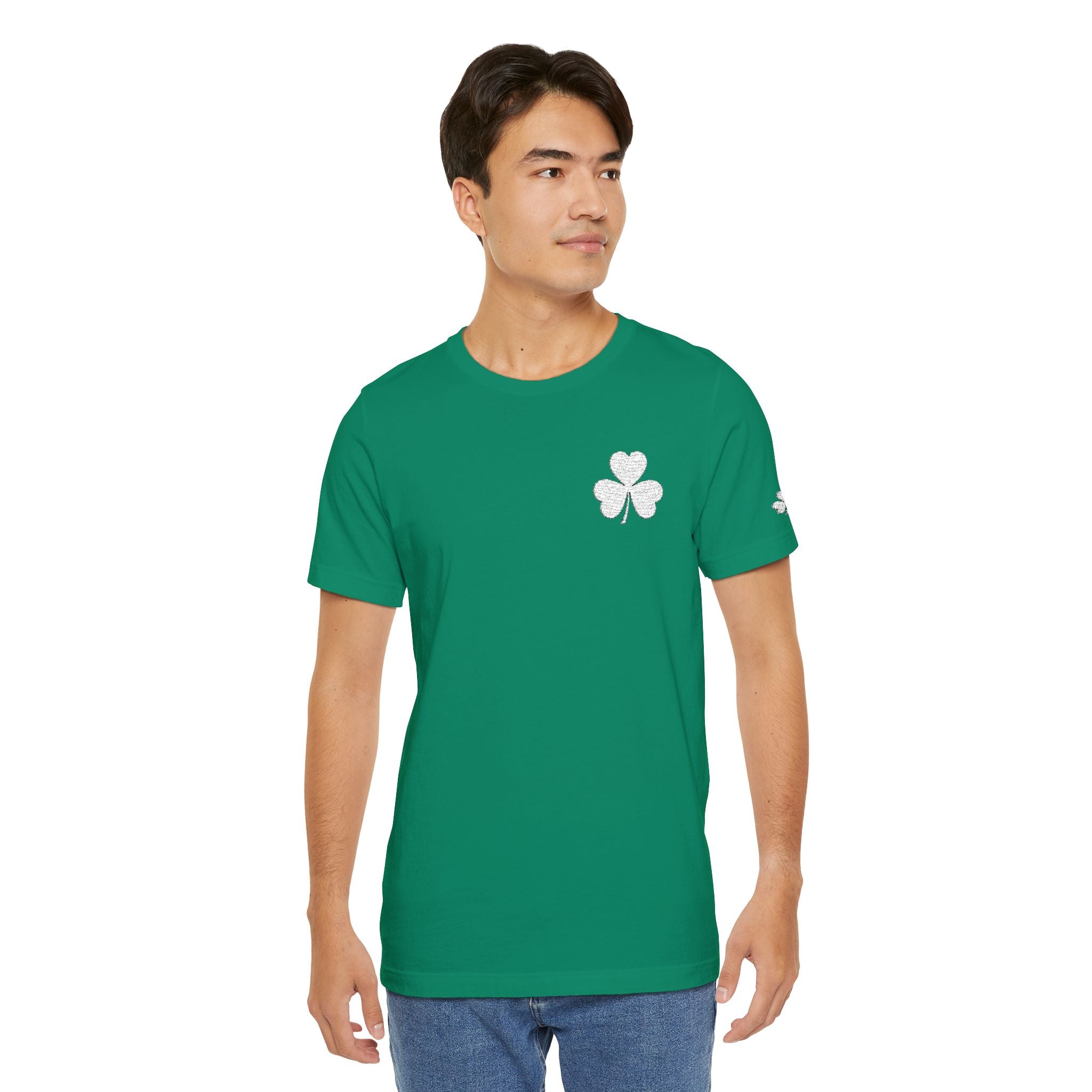 Embroidered Shamrock Pocket Tee — Distressed Lucky Clover T-Shirt