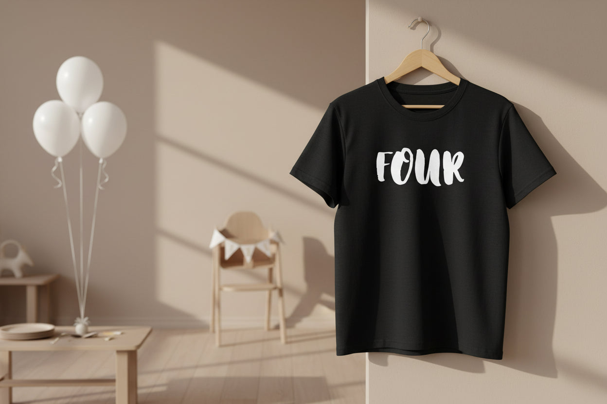 Kids 'Four' Birthday T‑Shirt — Fun Script Number Tee for 4-Year-Olds