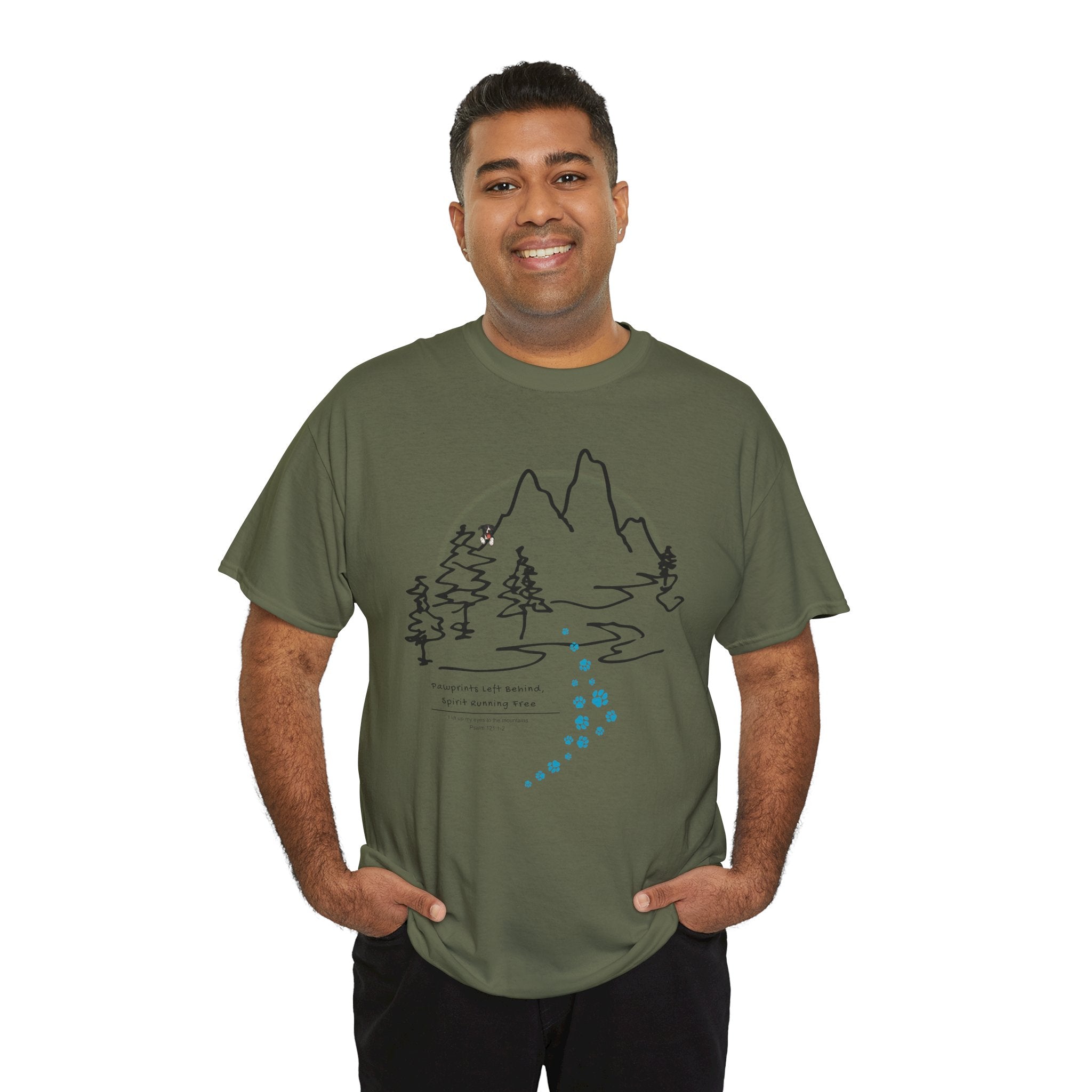Rainbow Bridge T‑Shirt — Minimal Line Art Nature Tee with 'Follow the Dog Prints' Design Psalms 121