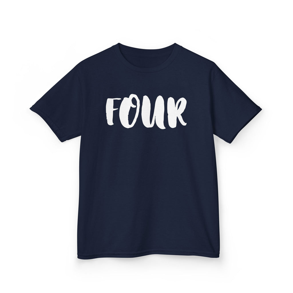 Kids 'Four' Birthday T‑Shirt — Fun Script Number Tee for 4-Year-Olds