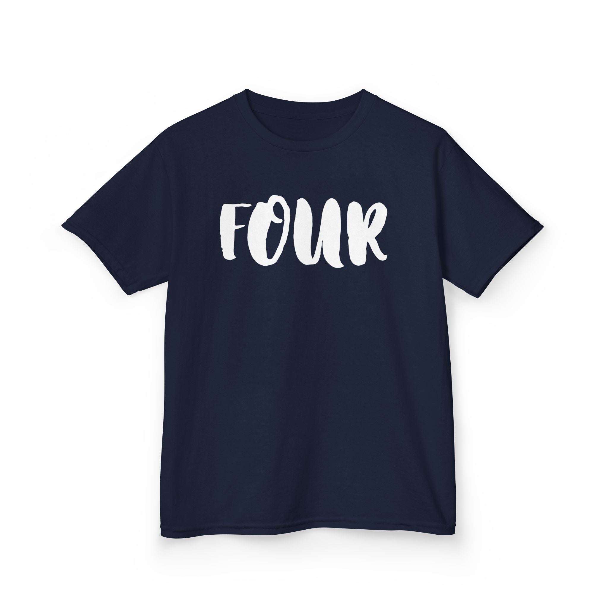 Kids 'Four' Birthday T‑Shirt — Fun Script Number Tee for 4-Year-Olds