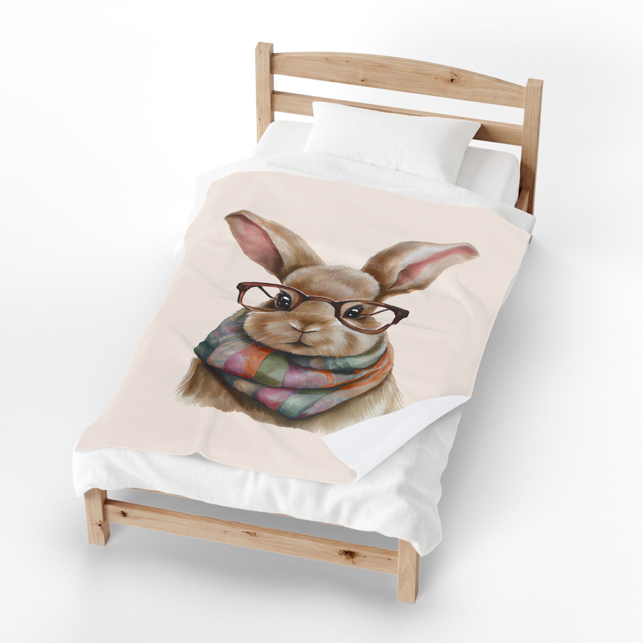 Cute Bunny with Glasses Velveteen Plush Blanket – Cozy Rabbit Scarf Throw