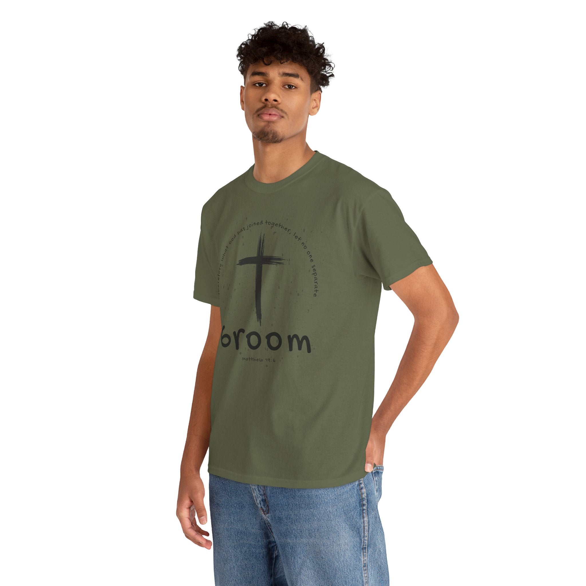 Groom Cross Tee — Christian Wedding Groom T-Shirt (Scripture Verse Design) - Christian - Matthew 19:6