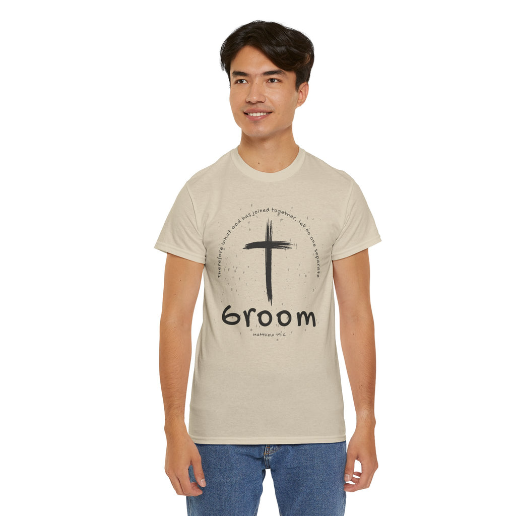 Groom Cross Tee — Christian Wedding Groom T-Shirt (Scripture Verse Design) - Christian - Matthew 19:6