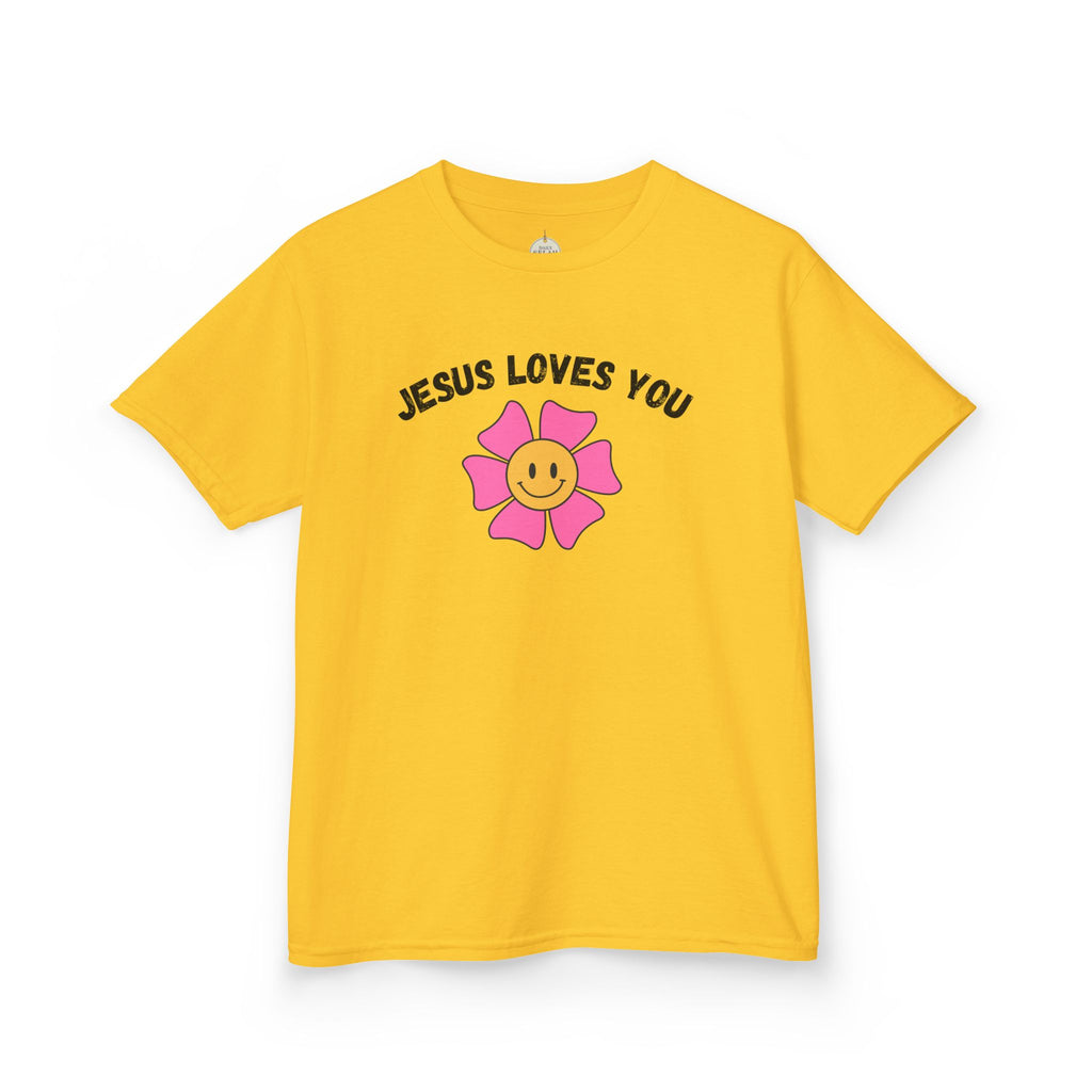 Kids T-Shirt — "Jesus Loves You" Smiley Flower Christian Tee