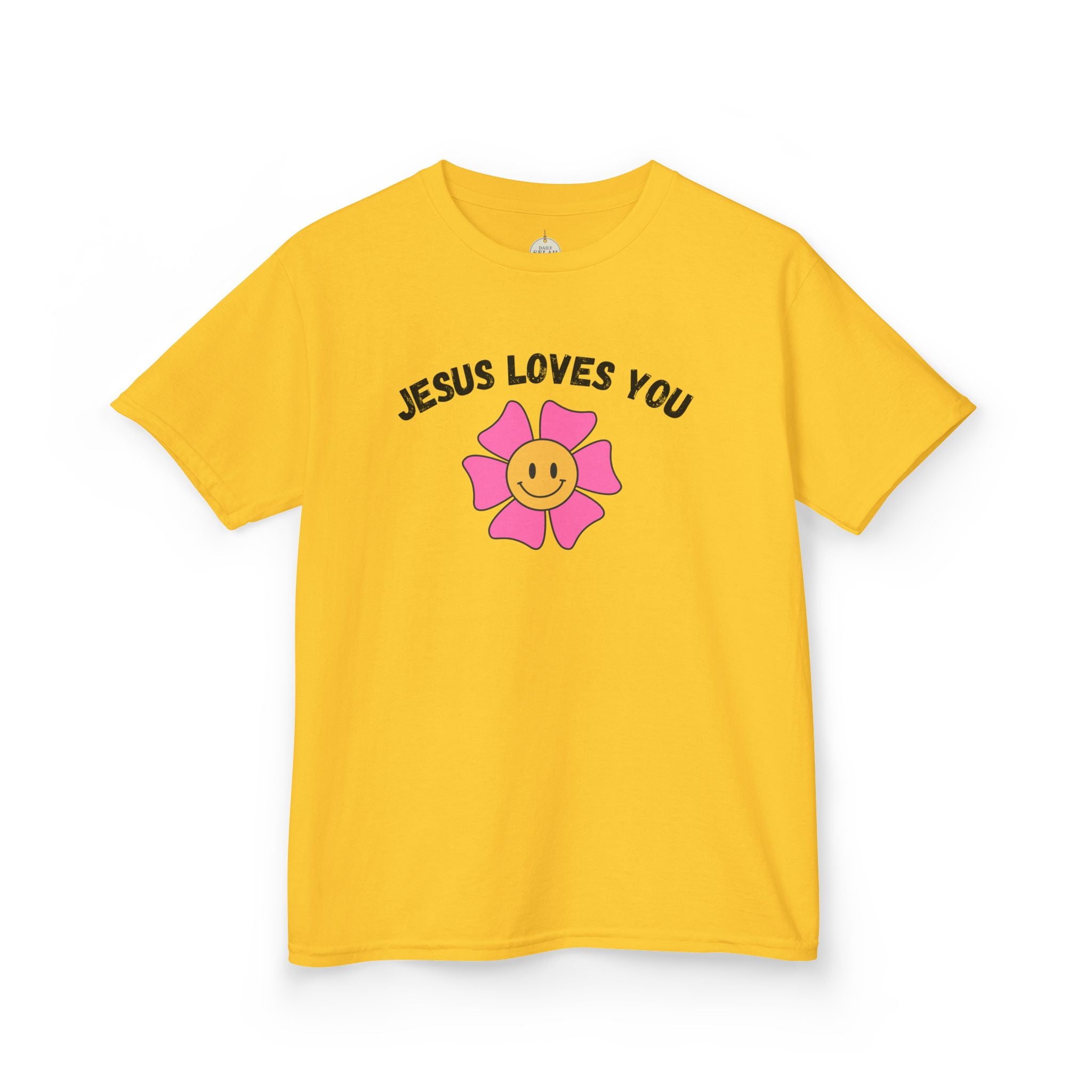 Kids T-Shirt — "Jesus Loves You" Smiley Flower Christian Tee