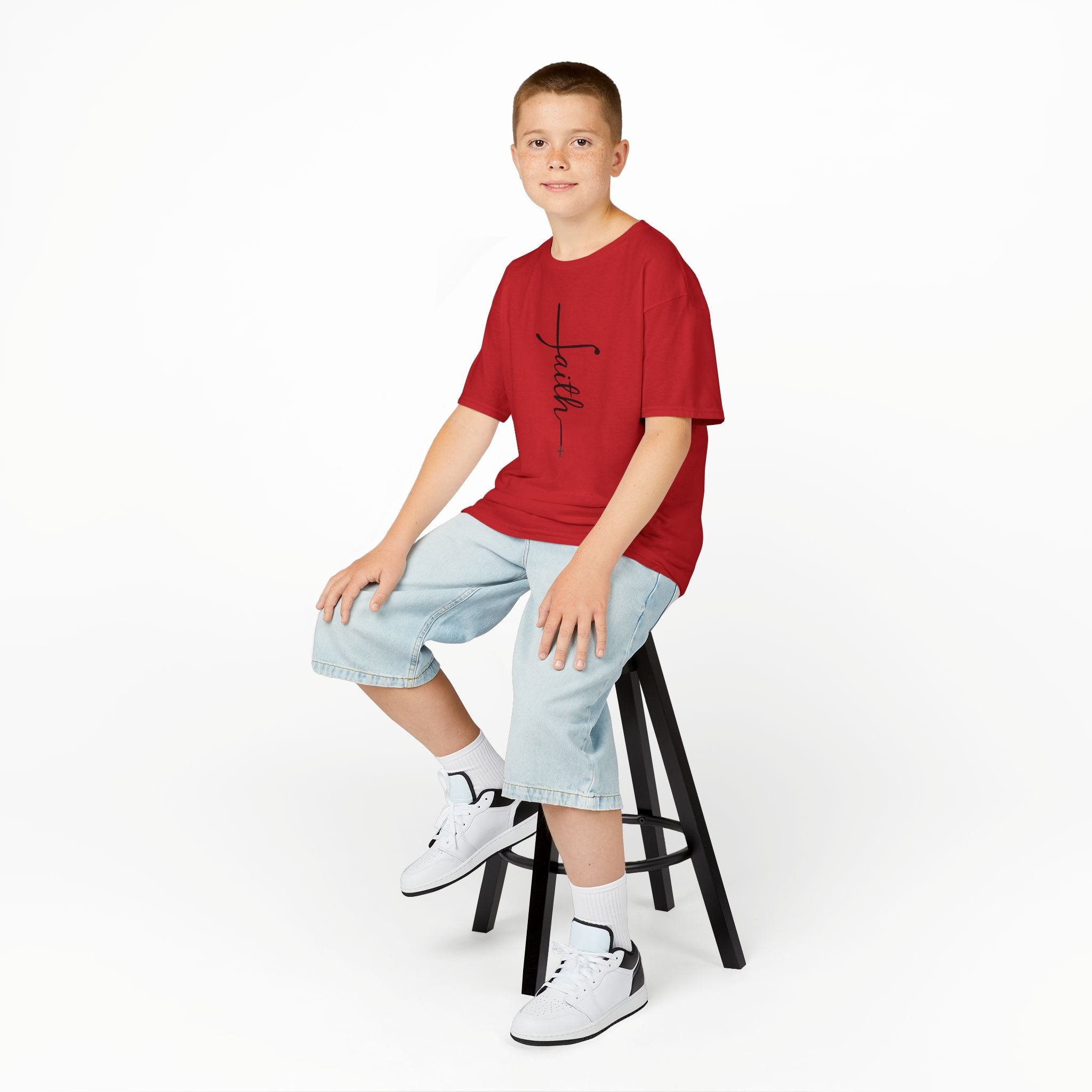 Kids Tee — Vertical "faith" Cross Script Graphic