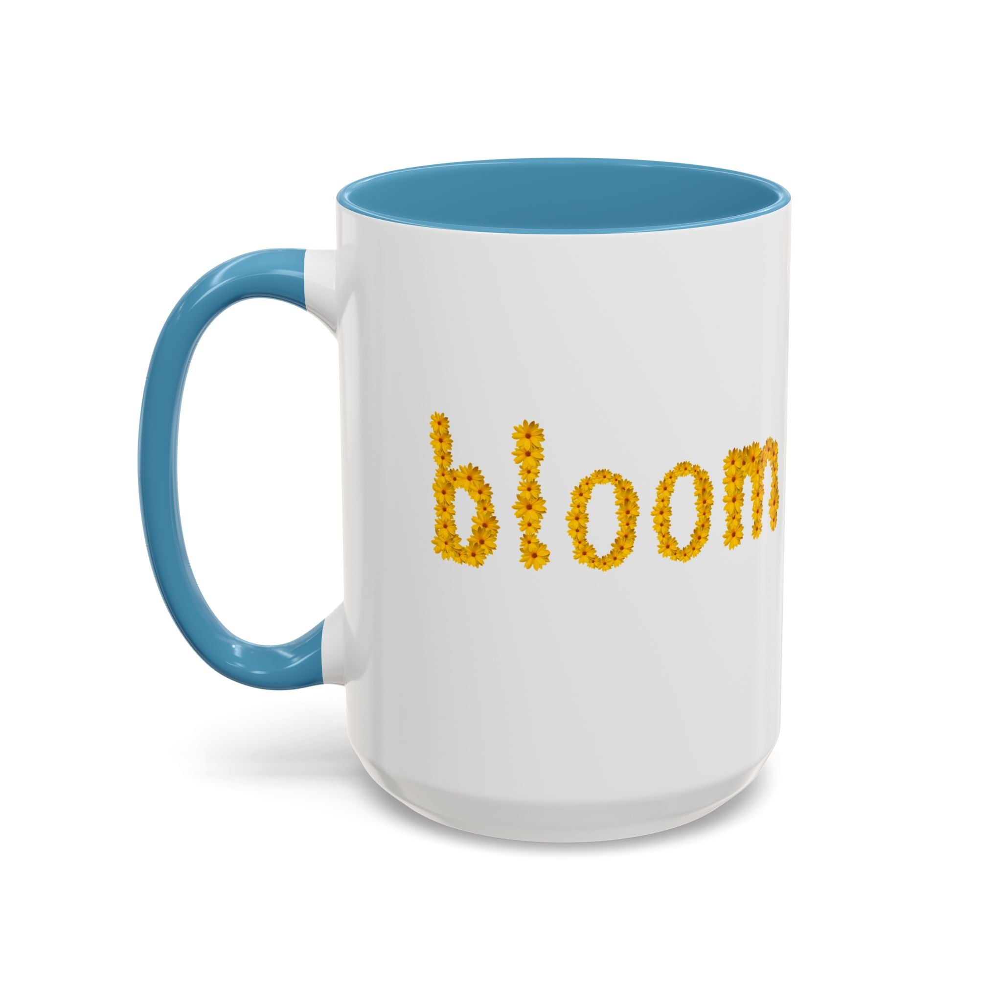 "bloom" floral text Coffee Mug | sunflower petal typography, white & black accent