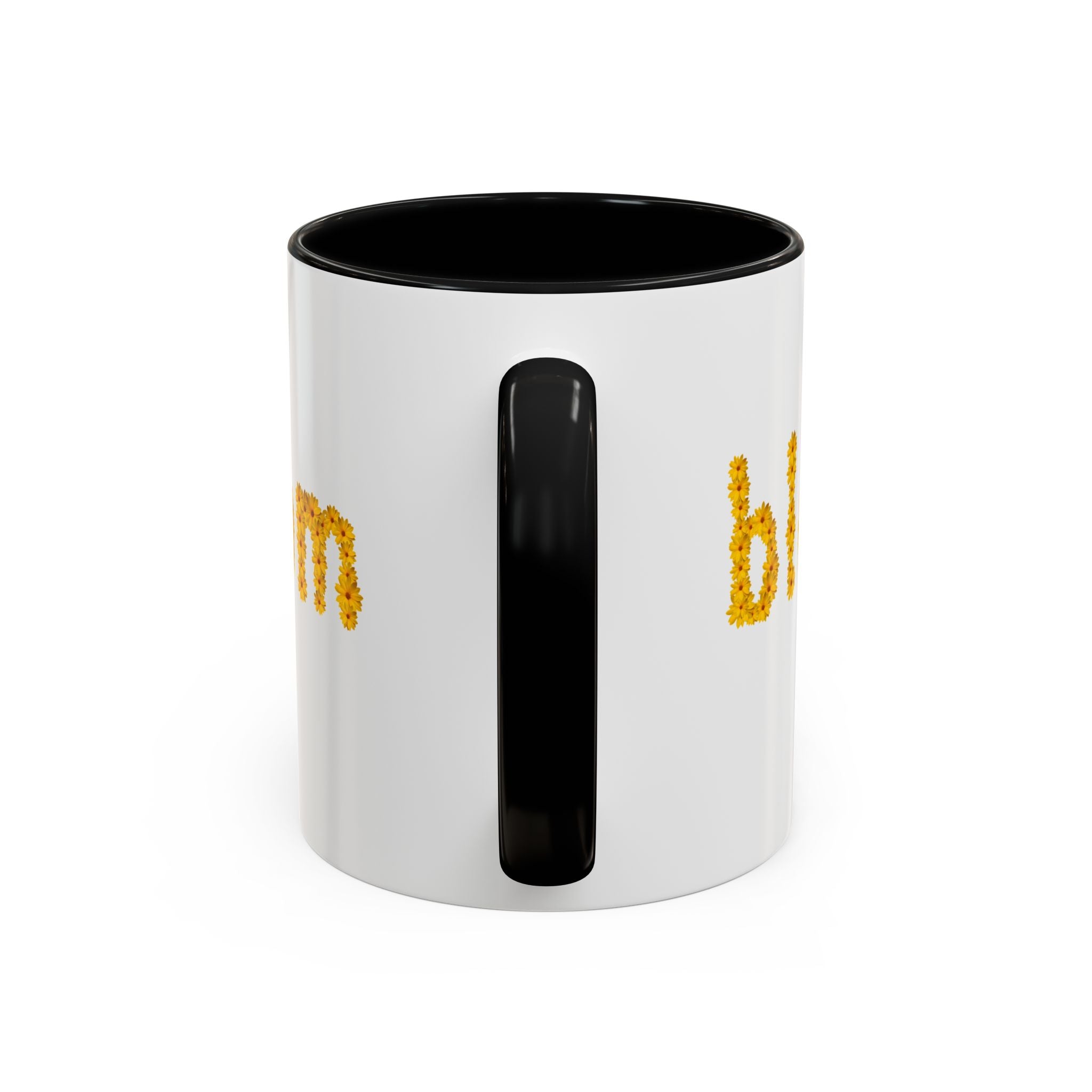 "bloom" floral text Coffee Mug | sunflower petal typography, white & black accent