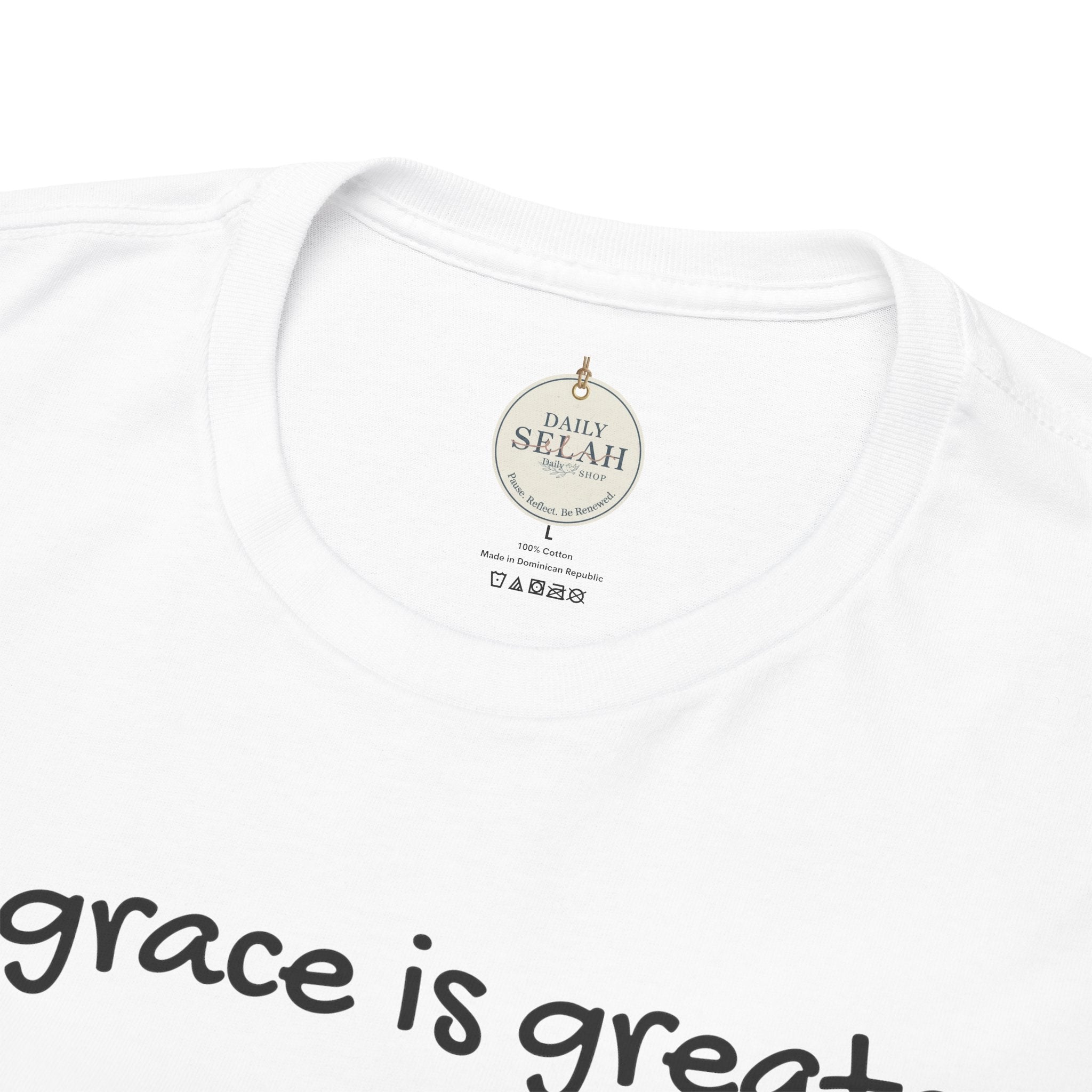 Christian T‑Shirt — "His grace is greater than your past." (Romans 5:20)