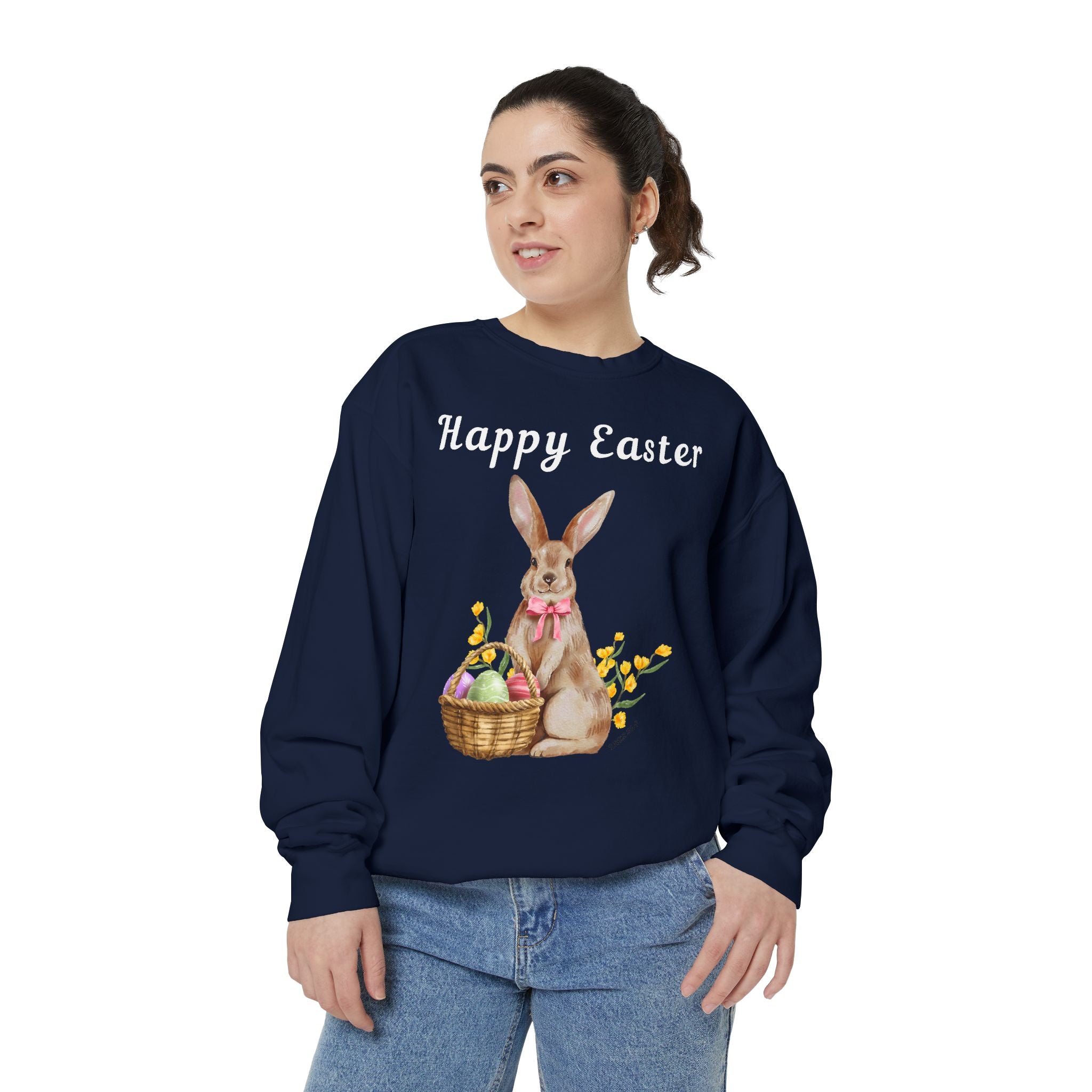 Easter Bunny Sweatshirt - Happy Easter Bunny with Basket Design (Luke 24:6)