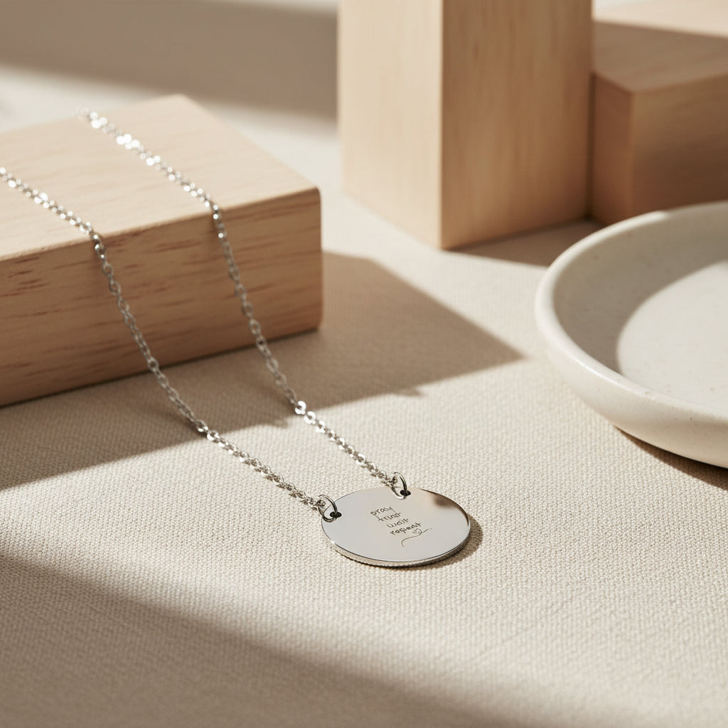 Pray, Trust, Wait, Repeat Circle Christian Necklace — Minimalist Disc Pendant