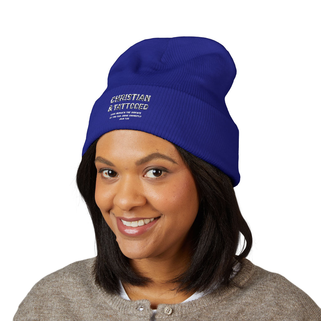 Embroidered 'Christian & Tattooed' Cuffed Beanie  Knit Winter Hat