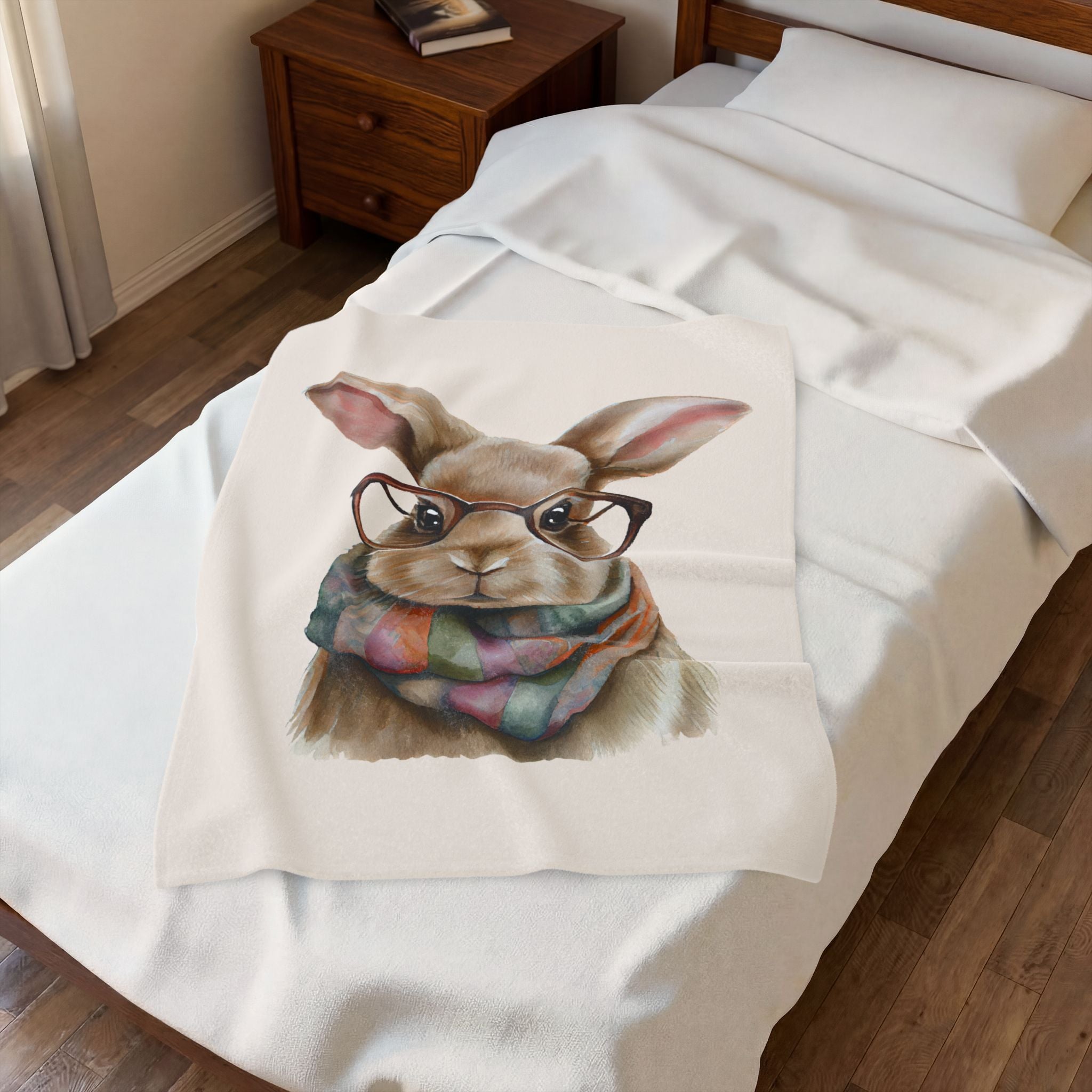 Cute Bunny with Glasses Velveteen Plush Blanket – Cozy Rabbit Scarf Throw