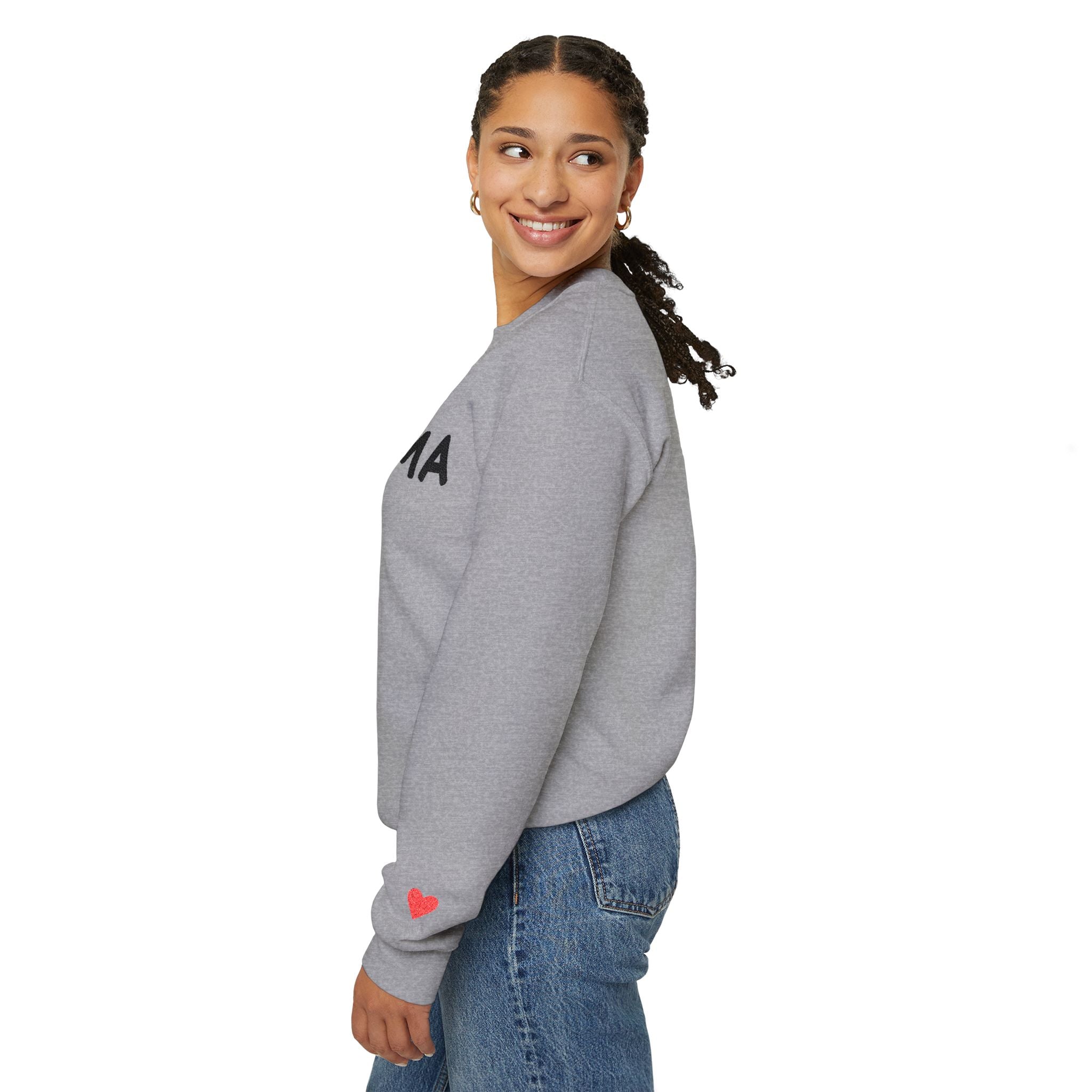 Embroidered - Personalized - Mama Crewneck Sweatshirt — Cozy Mother's Day Pullover with Heart Sleeve Detail