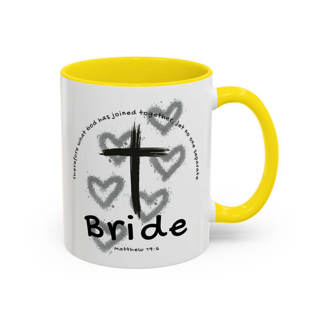 Bride Coffee Mug — Christian Cross & Hearts Accent Mug (Matthew 19:6)