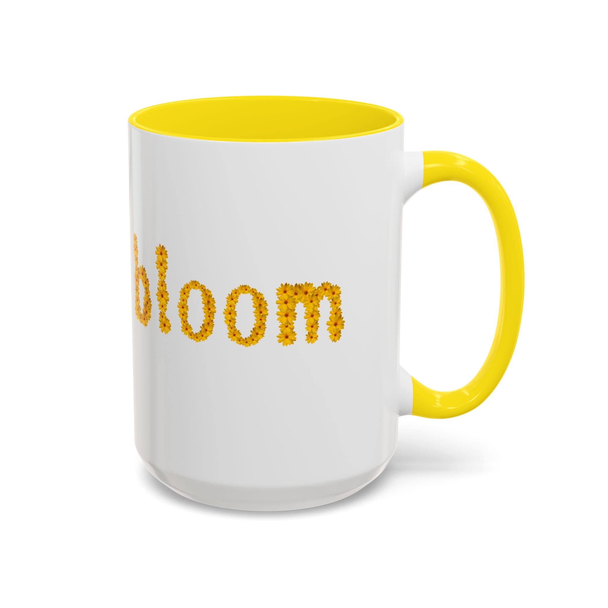 "bloom" floral text Coffee Mug | sunflower petal typography, white & black accent
