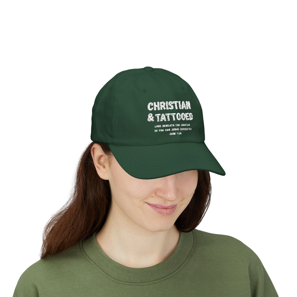 Embroidered Dad Cap — "Christian & Tattooed" Baseball Hat with John 1:8 Scripture