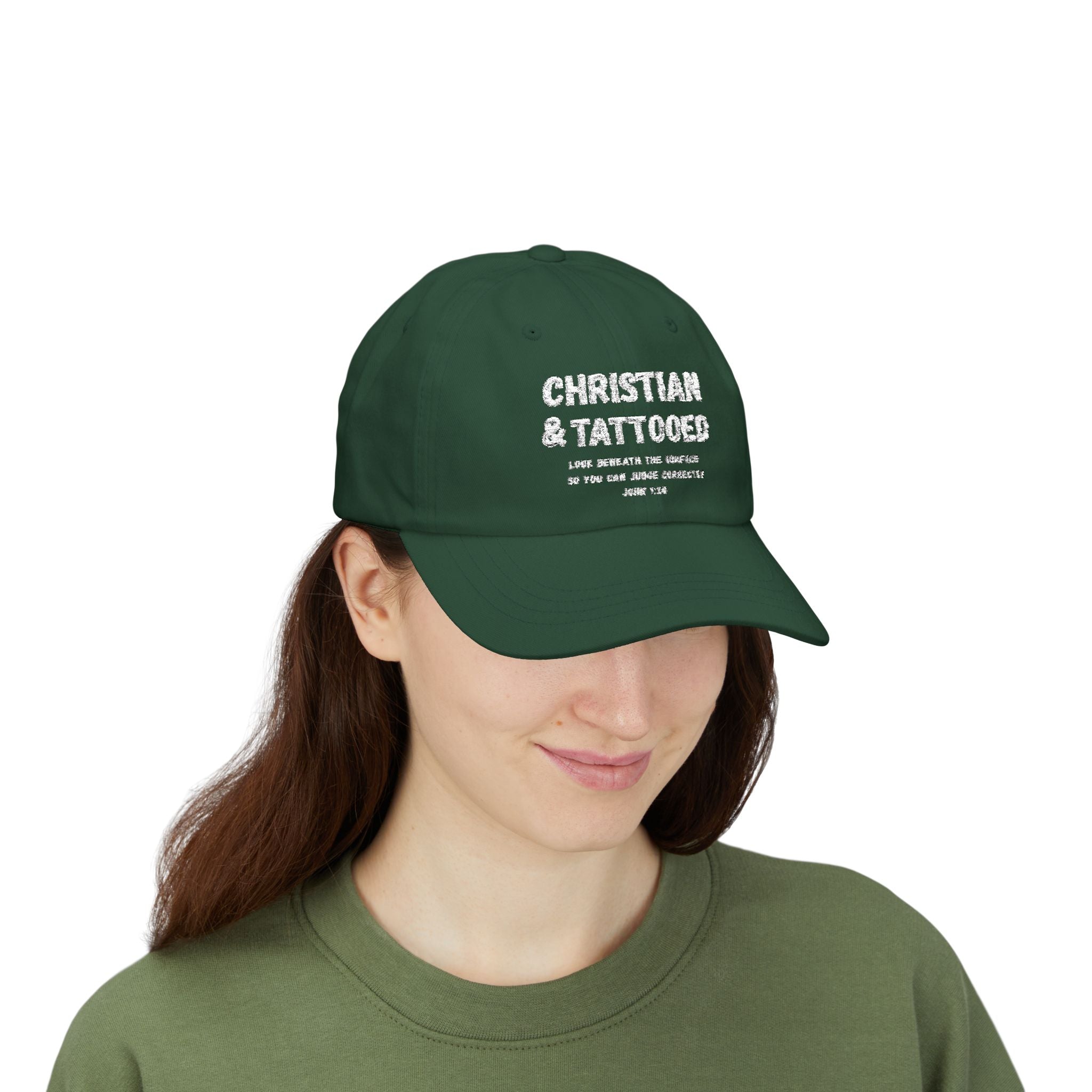 Embroidered Dad Cap — "Christian & Tattooed" Baseball Hat with John 1:8 Scripture