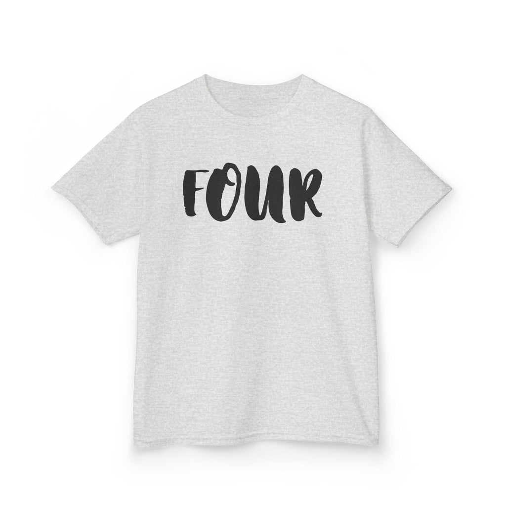 Kids 'Four' Birthday T‑Shirt — Fun Script Number Tee for 4-Year-Olds