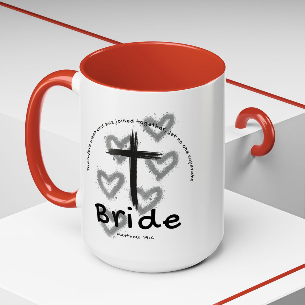 Bride Coffee Mug — Christian Cross & Hearts Accent Mug (Matthew 19:6)