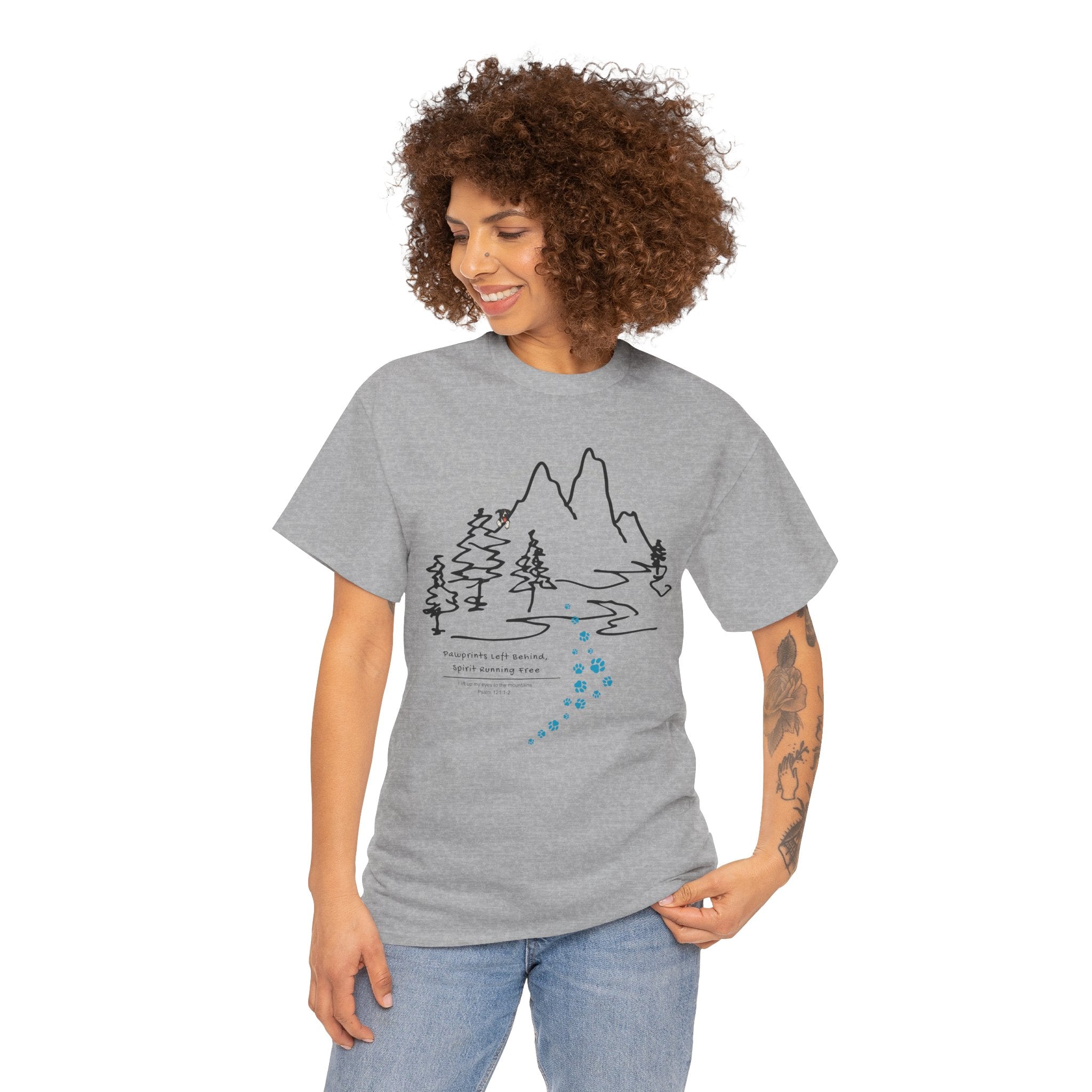 Rainbow Bridge T‑Shirt — Minimal Line Art Nature Tee with 'Follow the Dog Prints' Design Psalms 121