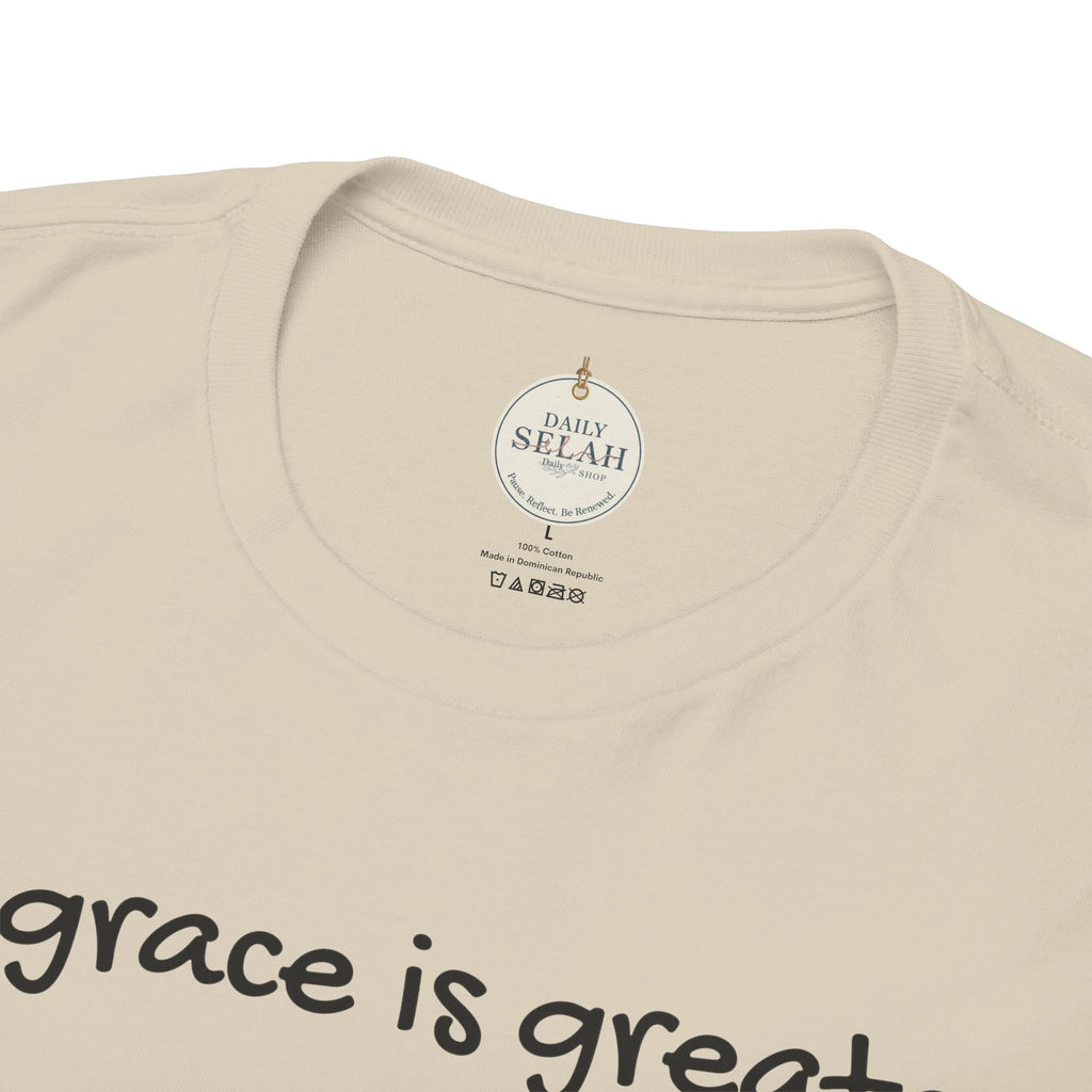 Christian T‑Shirt — "His grace is greater than your past." (Romans 5:20)