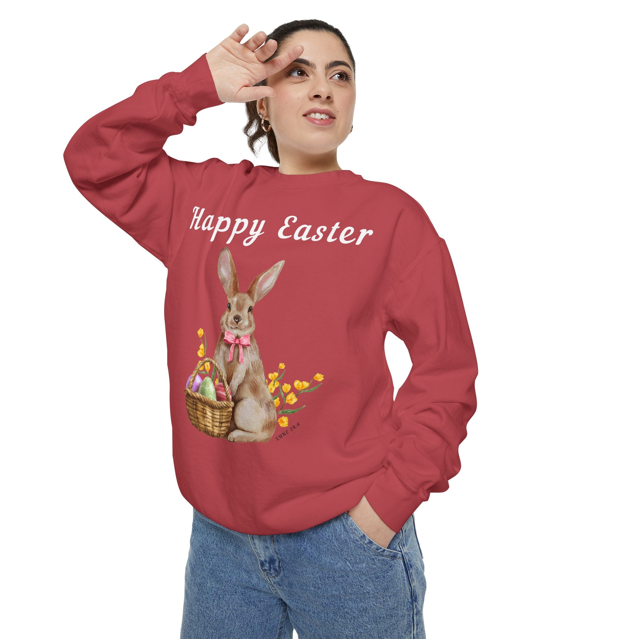 Easter Bunny Sweatshirt - Happy Easter Bunny with Basket Design (Luke 24:6)