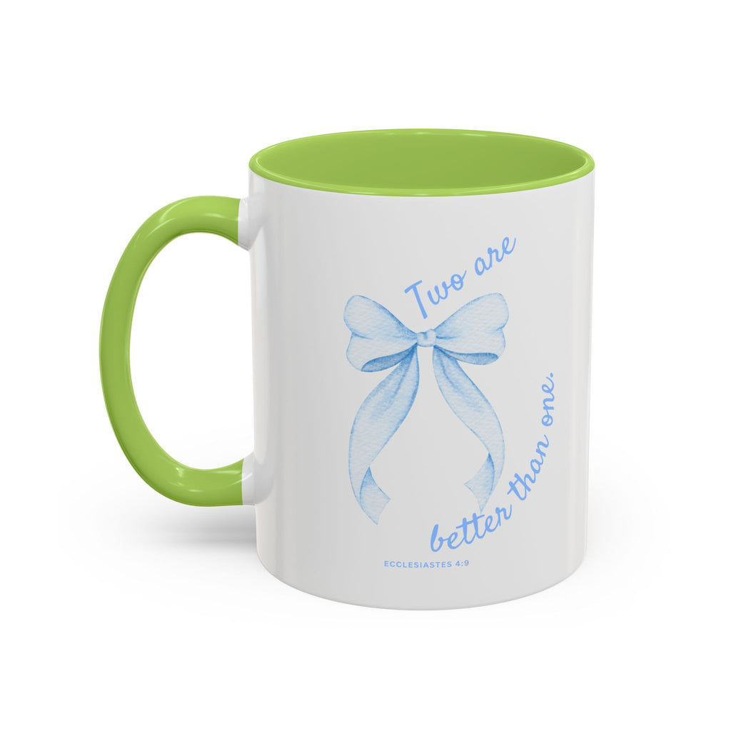 Accent Coffee Mug - "Two are better than one" Blue Ribbon Ceramic Mug Christian Wedding