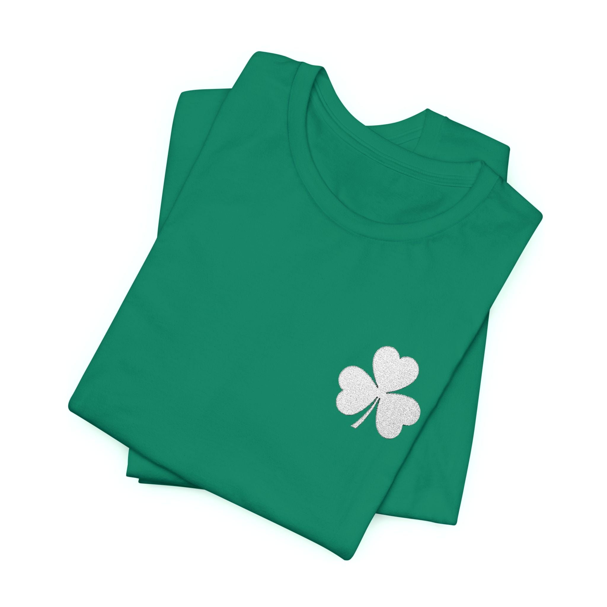 Embroidered Shamrock Pocket Tee — Distressed Lucky Clover T-Shirt