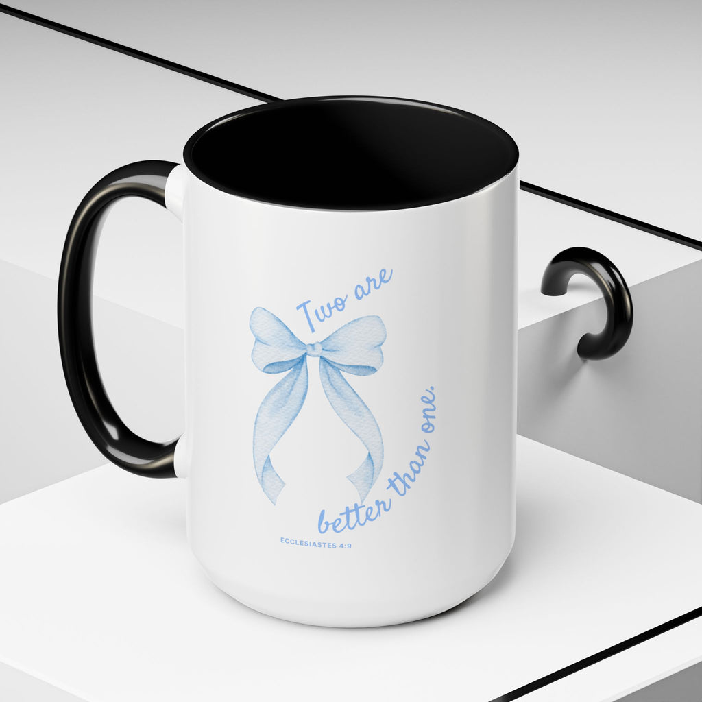 Accent Coffee Mug - "Two are better than one" Blue Ribbon Ceramic Mug Christian Wedding