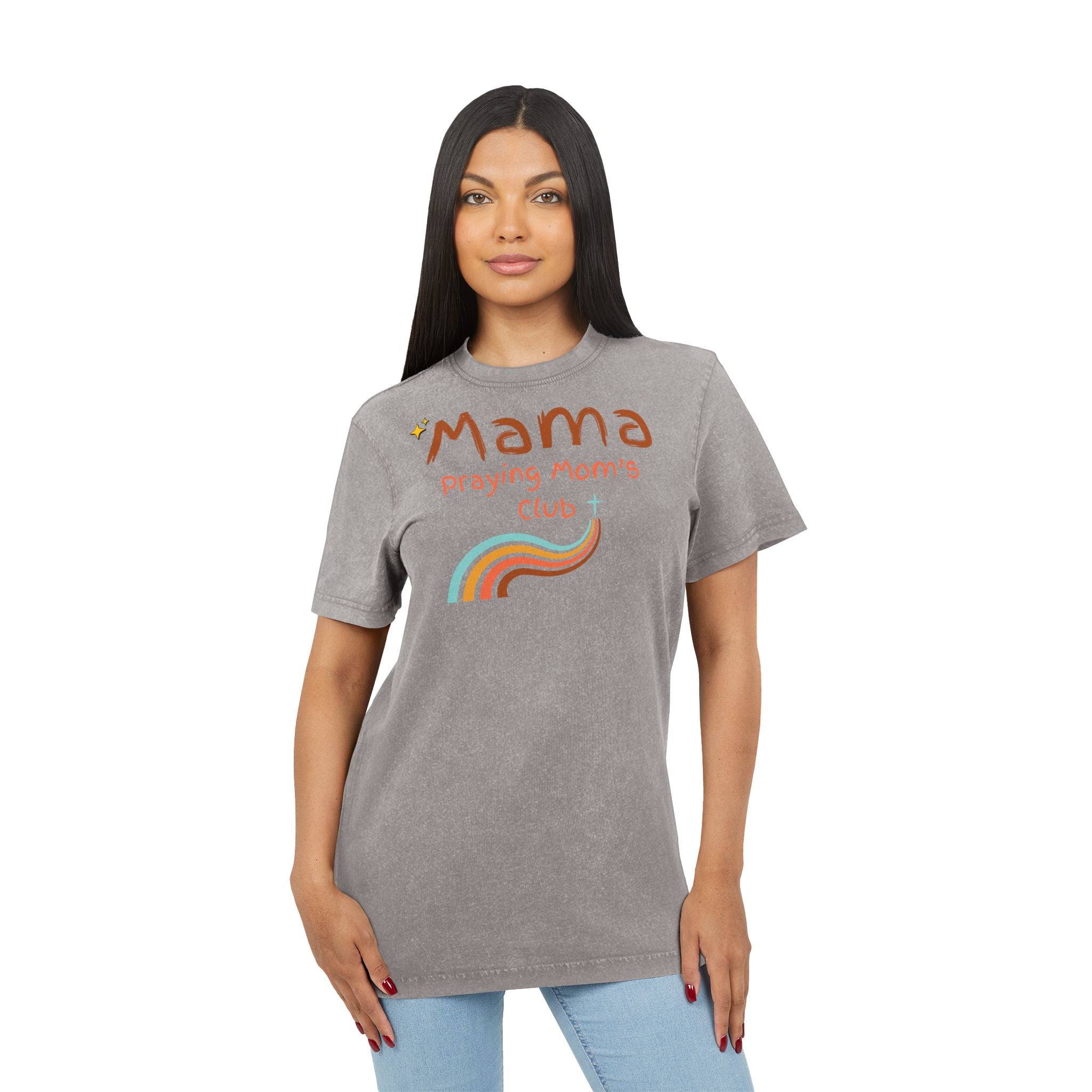 Mama Praying Moms Club Acid Wash Tee — Retro Rainbow Christian Mom Shirt