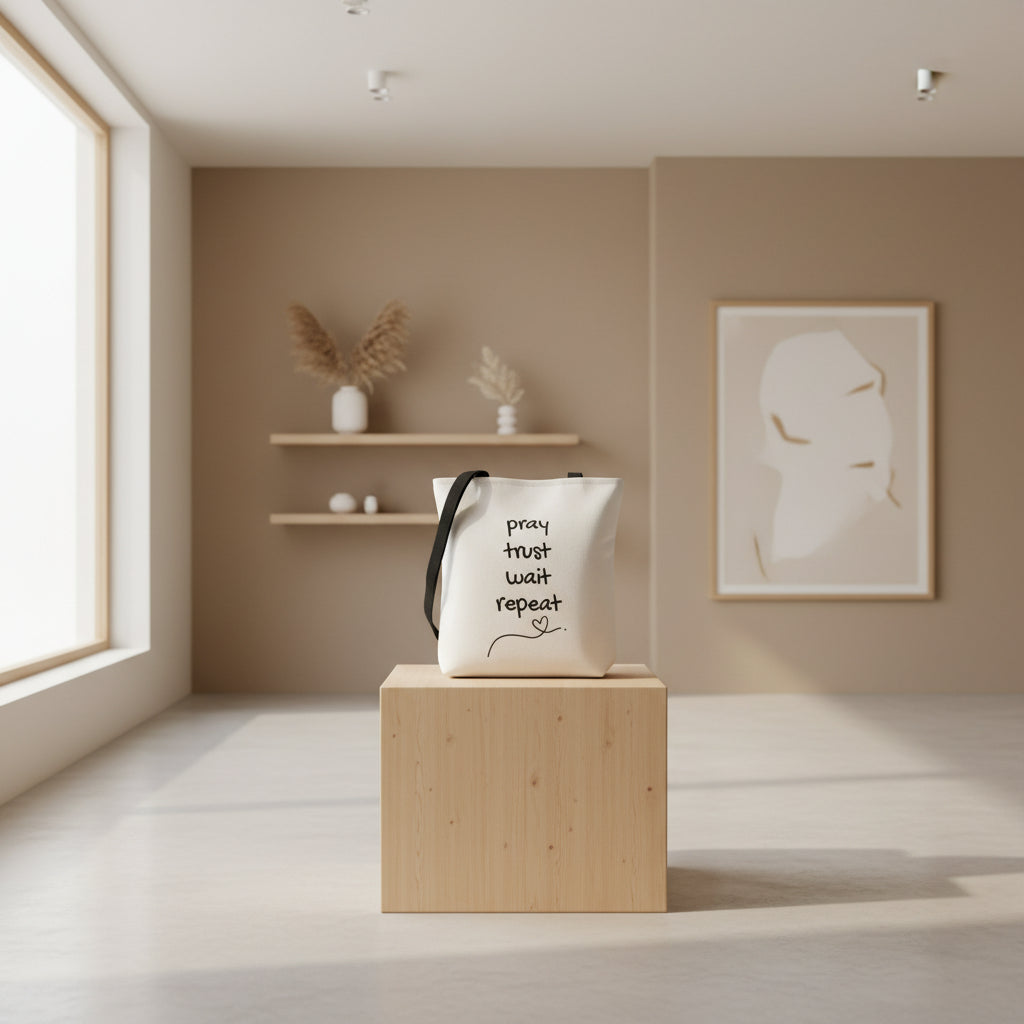 Pray Trust Wait Repeat Tote Bag — Inspirational Faith Canvas Tote