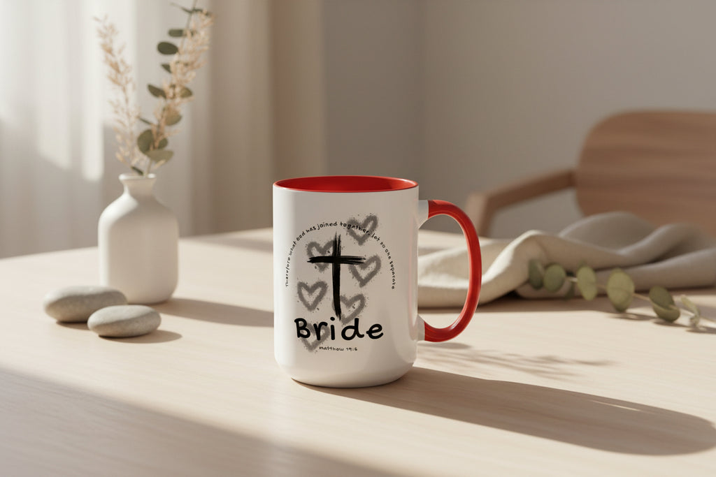 Bride Coffee Mug — Christian Cross & Hearts Accent Mug (Matthew 19:6)