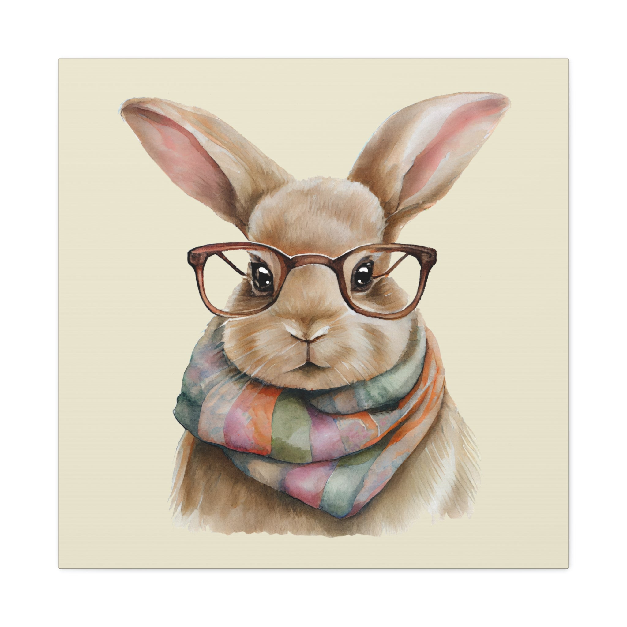 Hipster Bunny Canvas Art – Bunny with Glasses & Colorful Scarf Matte Stretched Wall Decor
