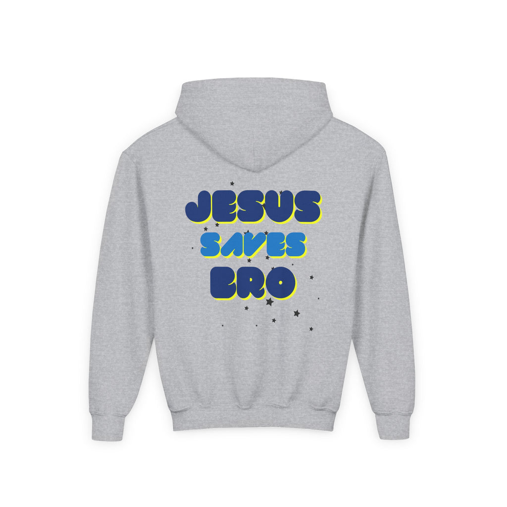Youth Hoodie — "Jesus Saves Bro" Christian Graphic Pullover