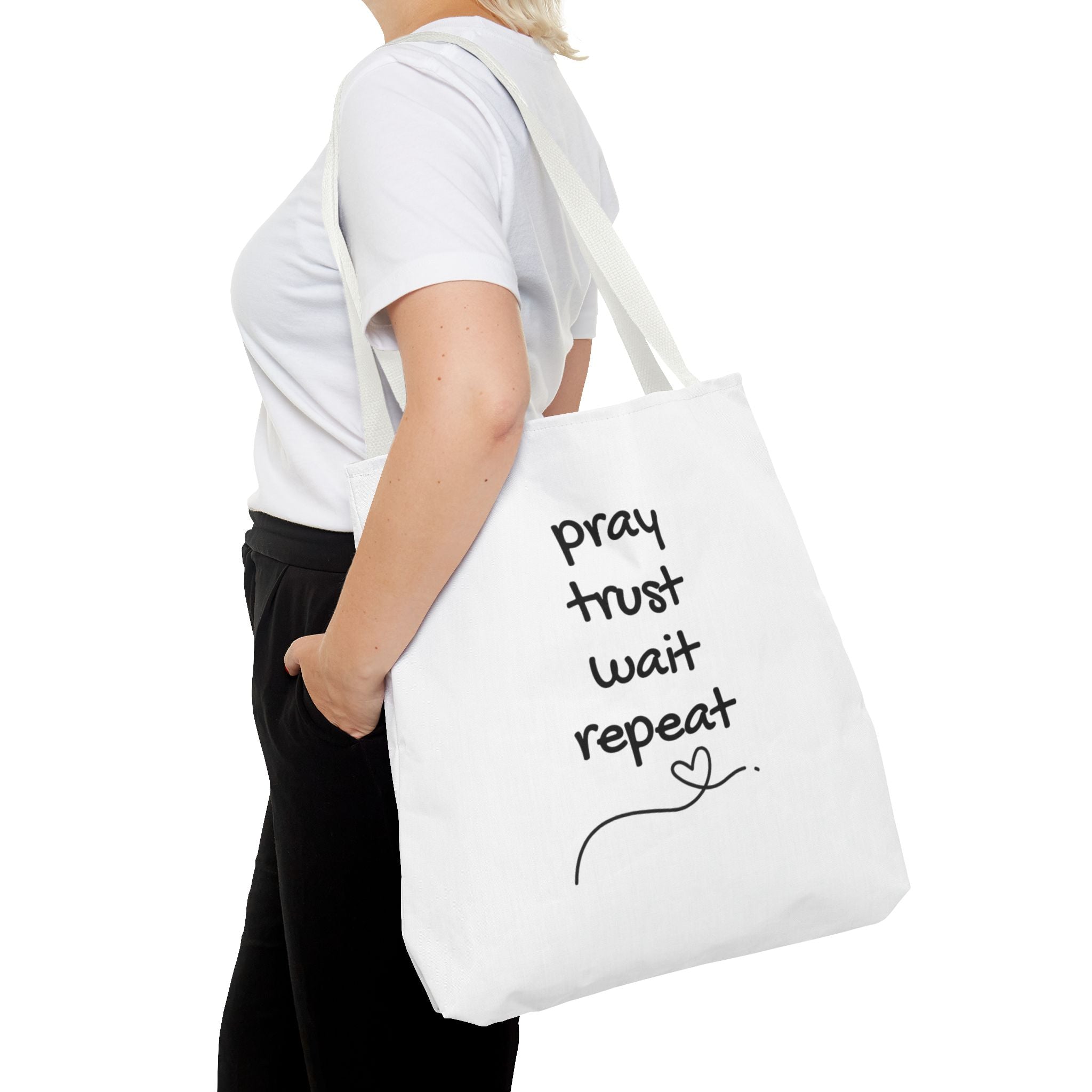 Pray Trust Wait Repeat Tote Bag — Inspirational Faith Canvas Tote