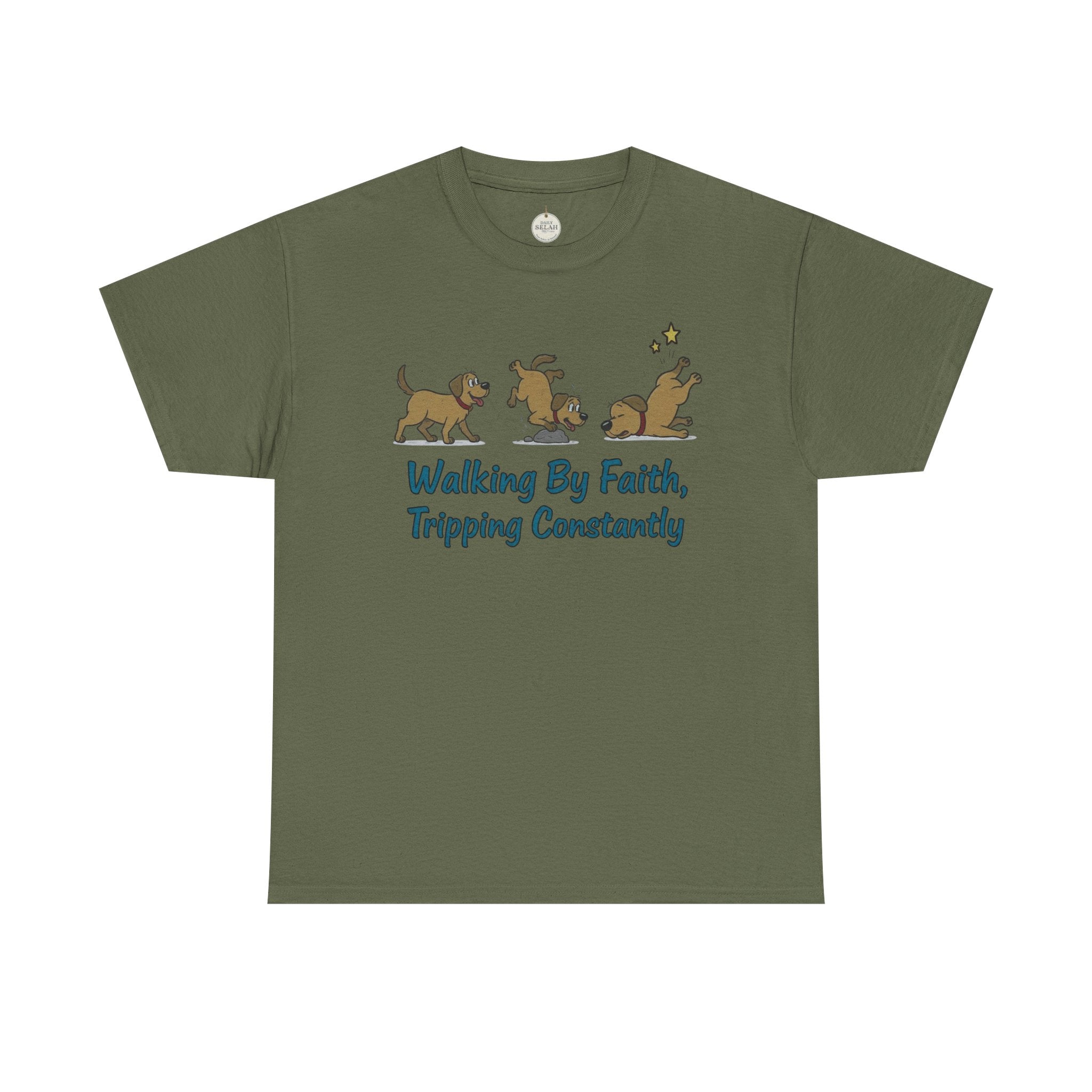 Faith Dog T-Shirt — "Walking By Faith, Tripping Constantly" Cute Christian Tee