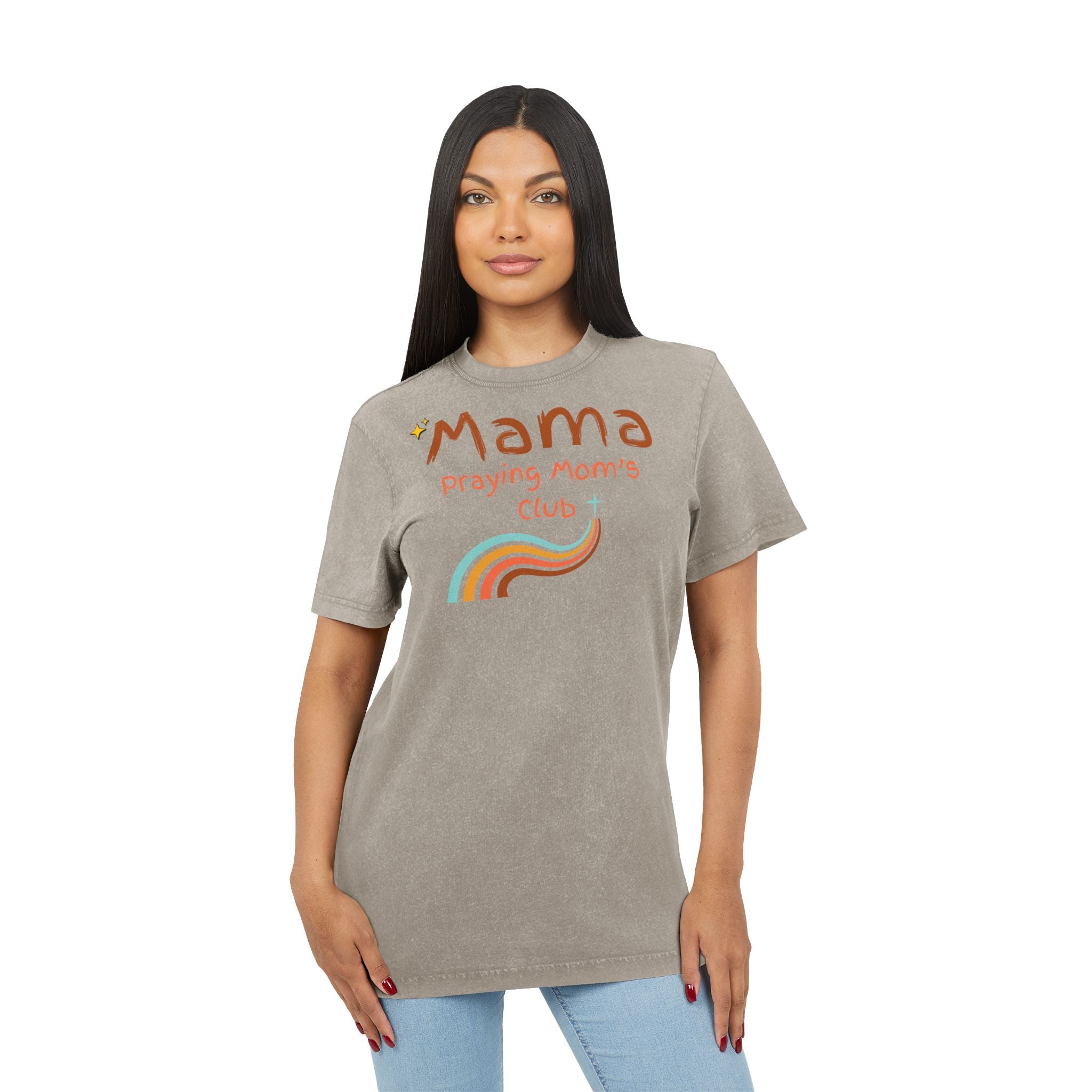 Mama Praying Moms Club Acid Wash Tee — Retro Rainbow Christian Mom Shirt