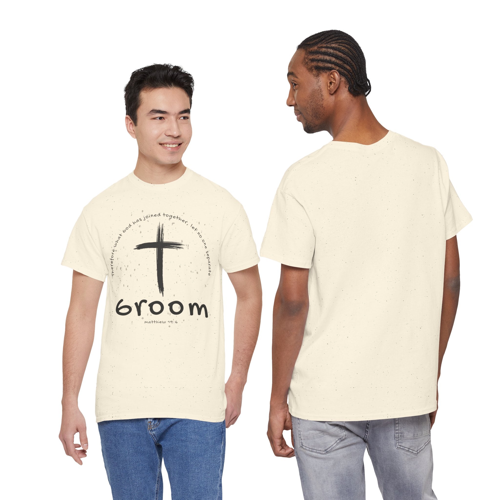 Groom Cross Tee — Christian Wedding Groom T-Shirt (Scripture Verse Design) - Christian - Matthew 19:6