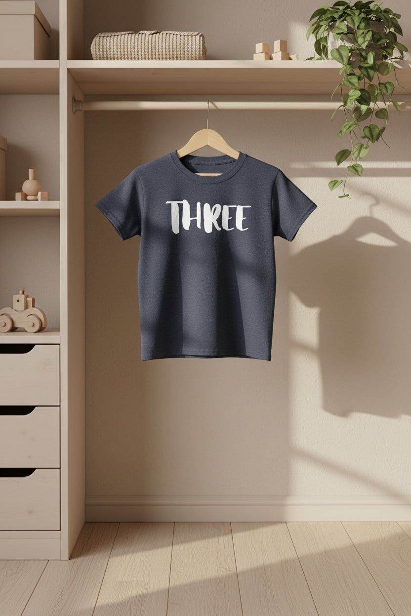Kids Tee — "Three" Birthday Shirt, 3rd Birthday Toddler T‑Shirt