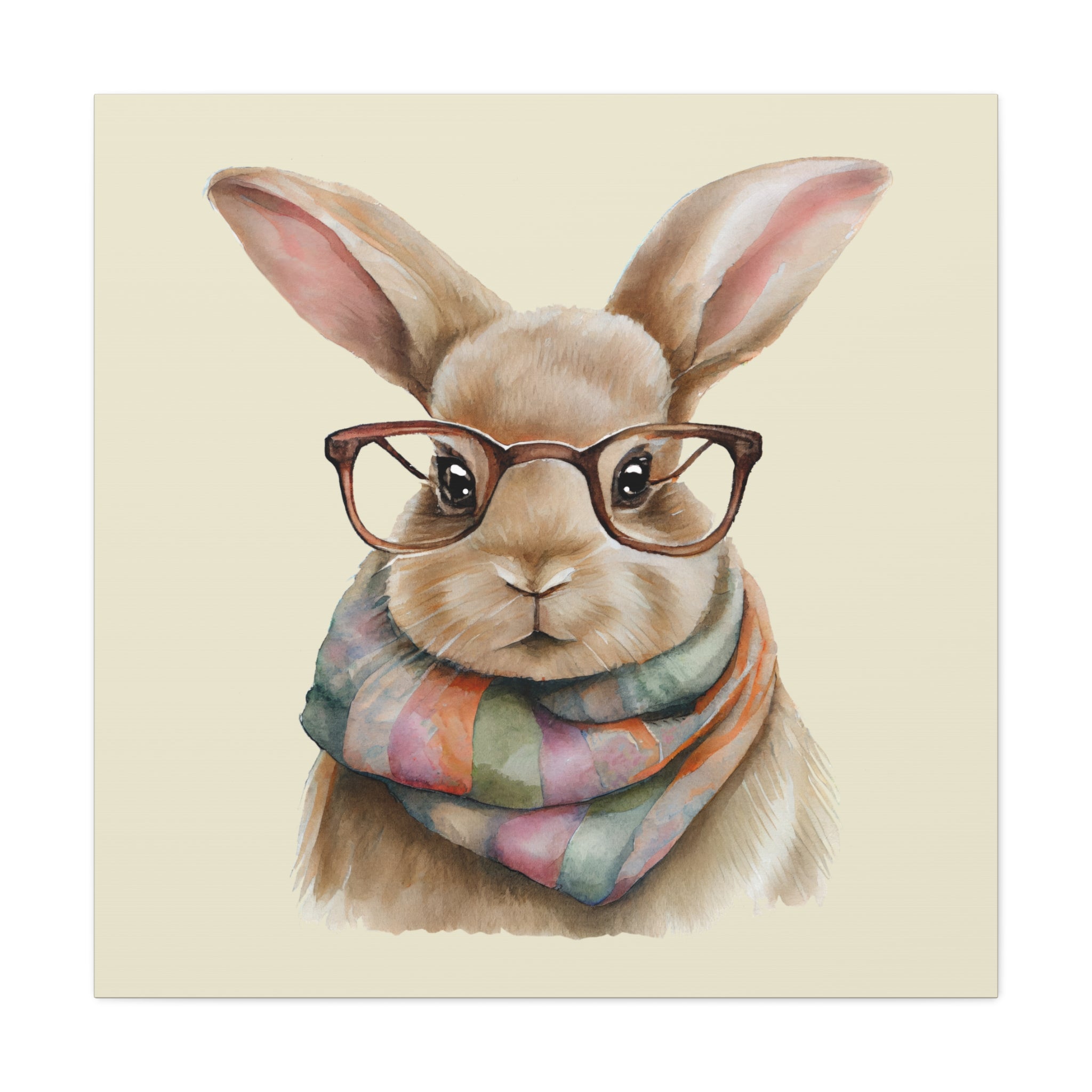 Hipster Bunny Canvas Art – Bunny with Glasses & Colorful Scarf Matte Stretched Wall Decor