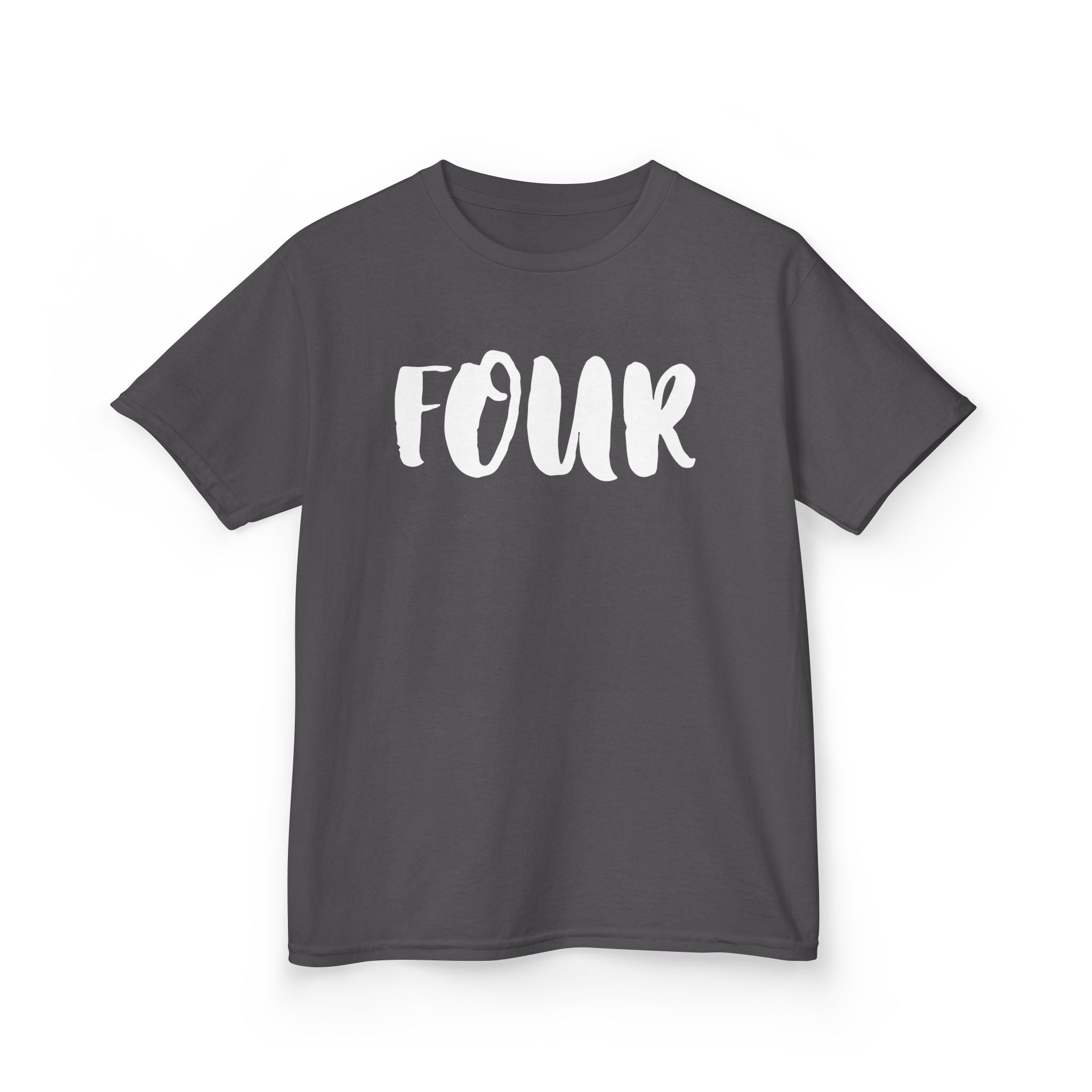 Kids 'Four' Birthday T‑Shirt — Fun Script Number Tee for 4-Year-Olds