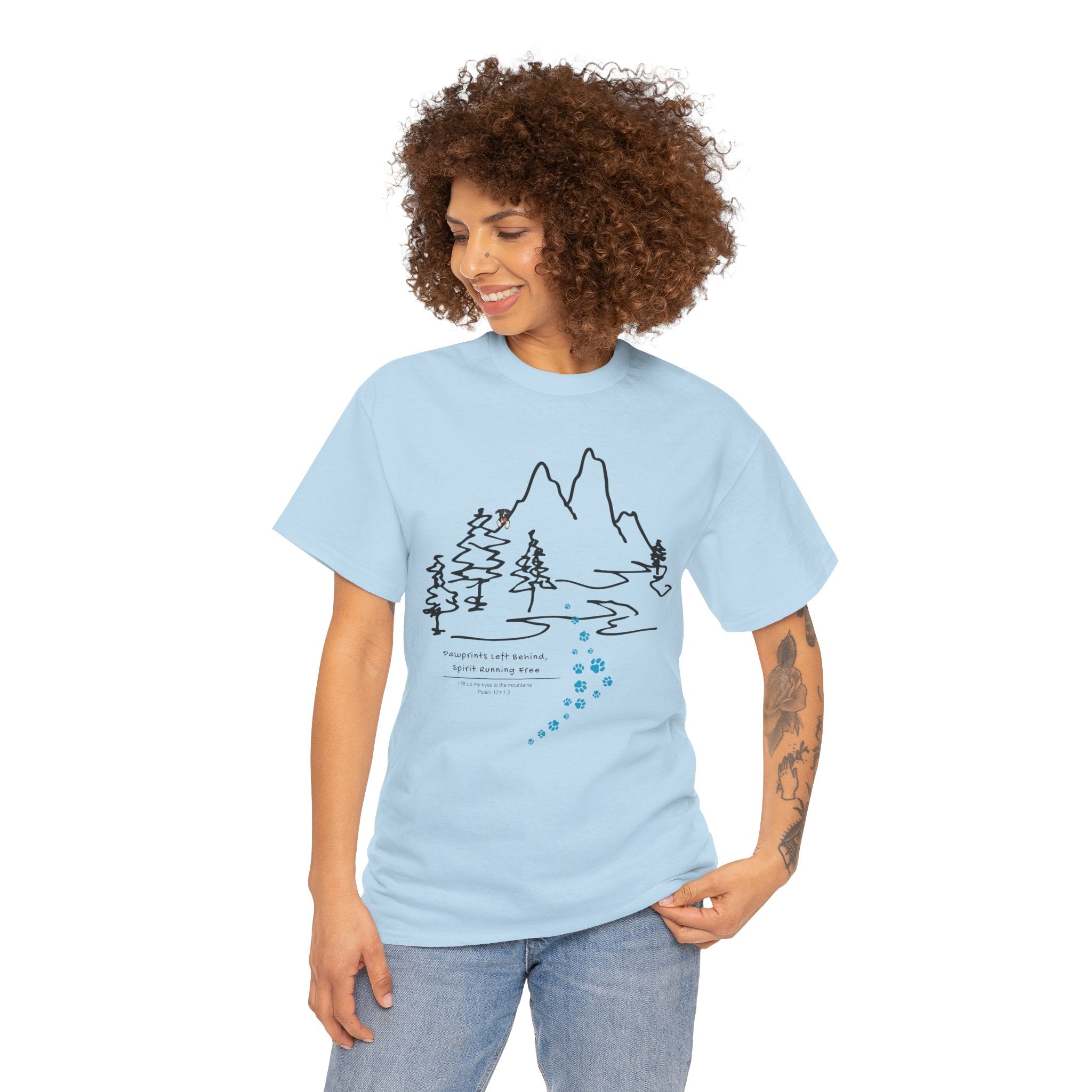 Rainbow Bridge T‑Shirt — Minimal Line Art Nature Tee with 'Follow the Dog Prints' Design Psalms 121