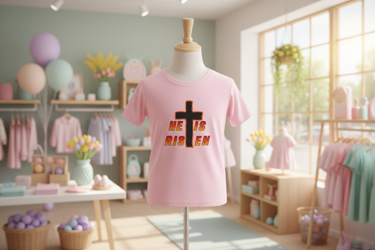 Kids Tee — "He Is Risen" Cross Easter T‑Shirt